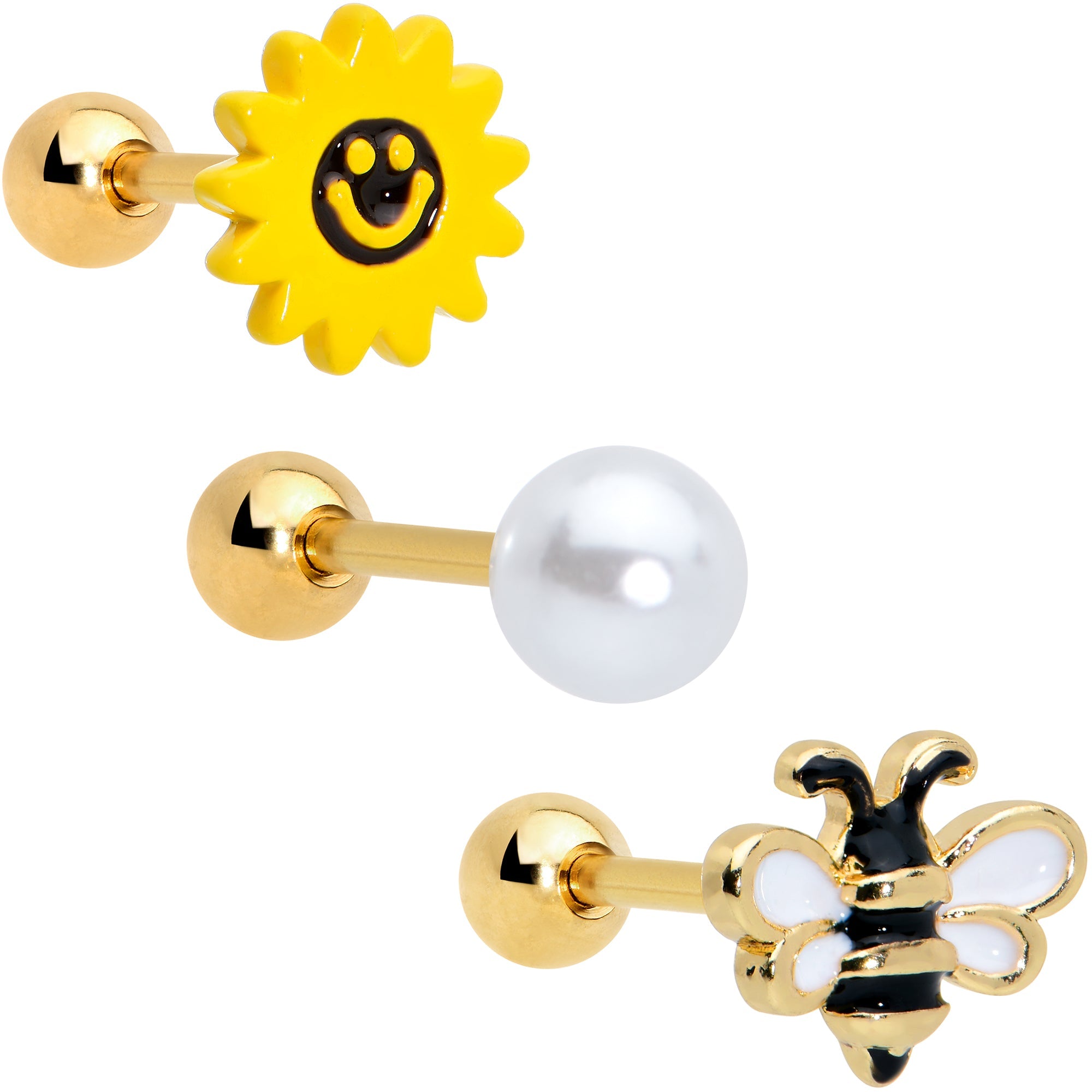 BodyCandy 16G 1/4 Gold Tone Bee Smile Flower Cartilage Earring Curation Set of 3 — main product shot