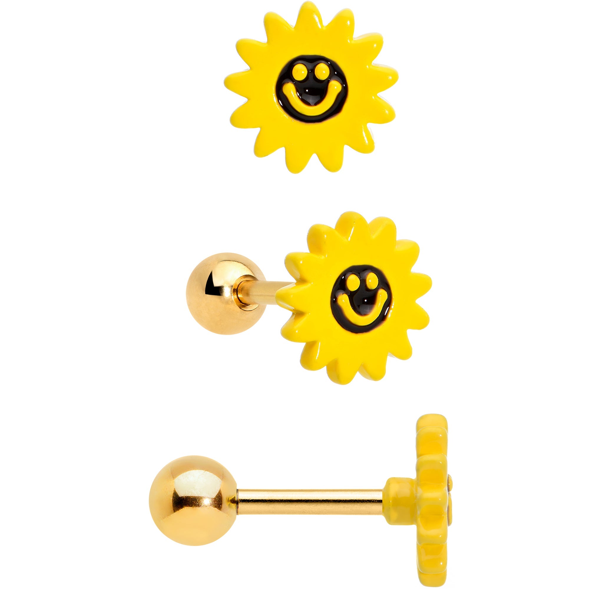 BodyCandy 16G 1/4 Gold Tone Bee Smile Flower Cartilage Earring Curation Set of 3 — detail close-up