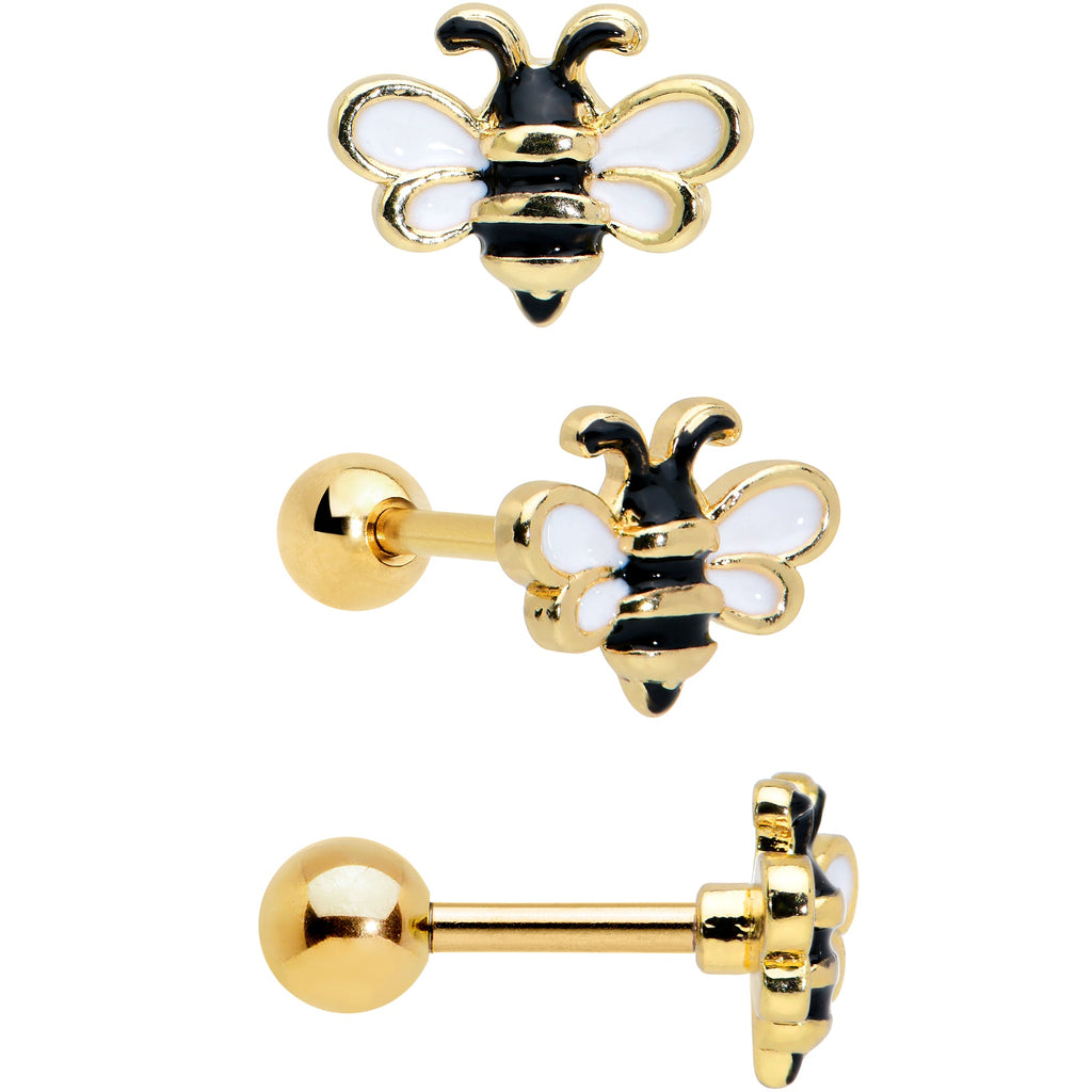 BodyCandy 16G 1/4 Gold Tone Bee Smile Flower Cartilage Earring Curation Set of 3 — lifestyle context