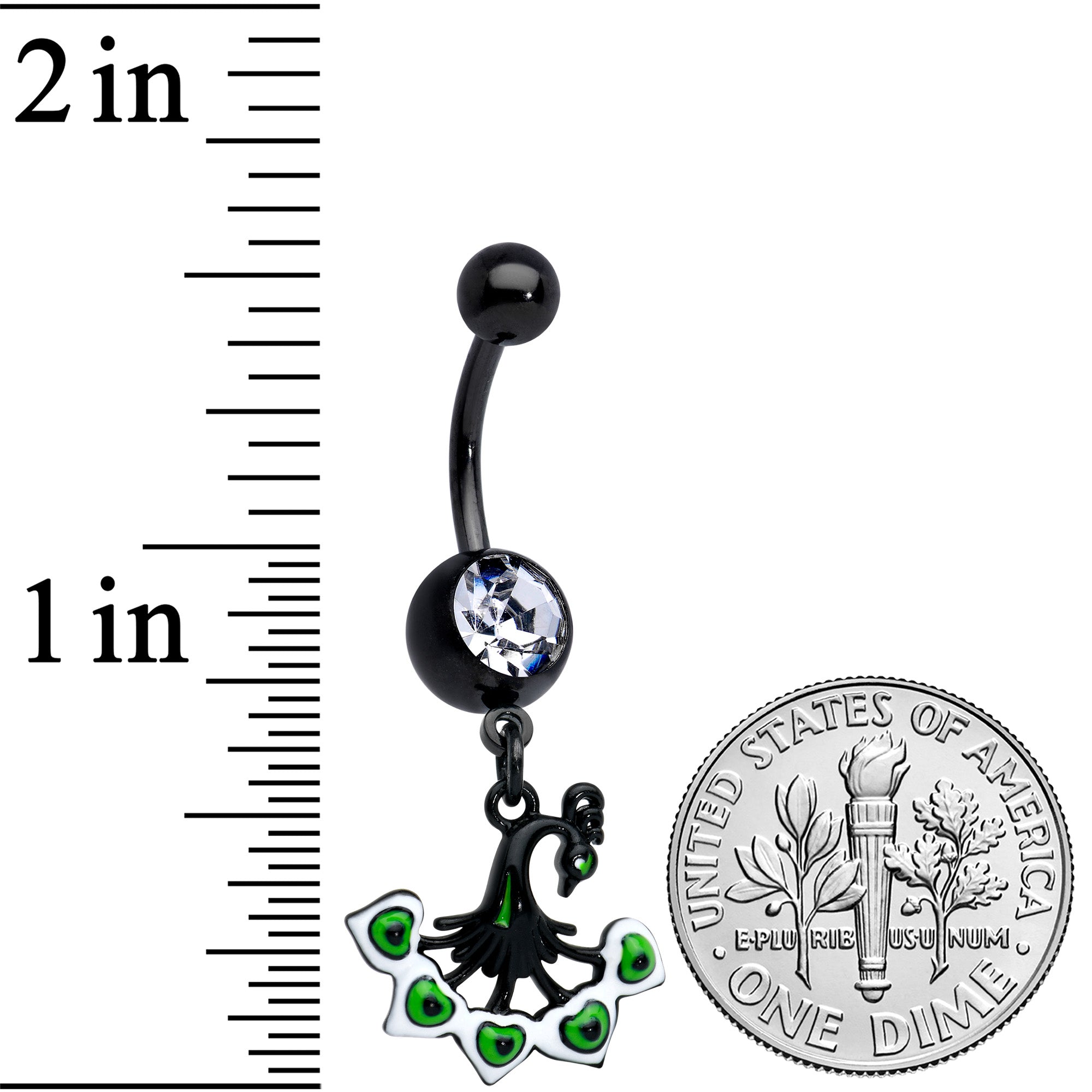 BodyCandy Clear Gem Black Pretty Peacock Dangle Belly Ring — detail close-up