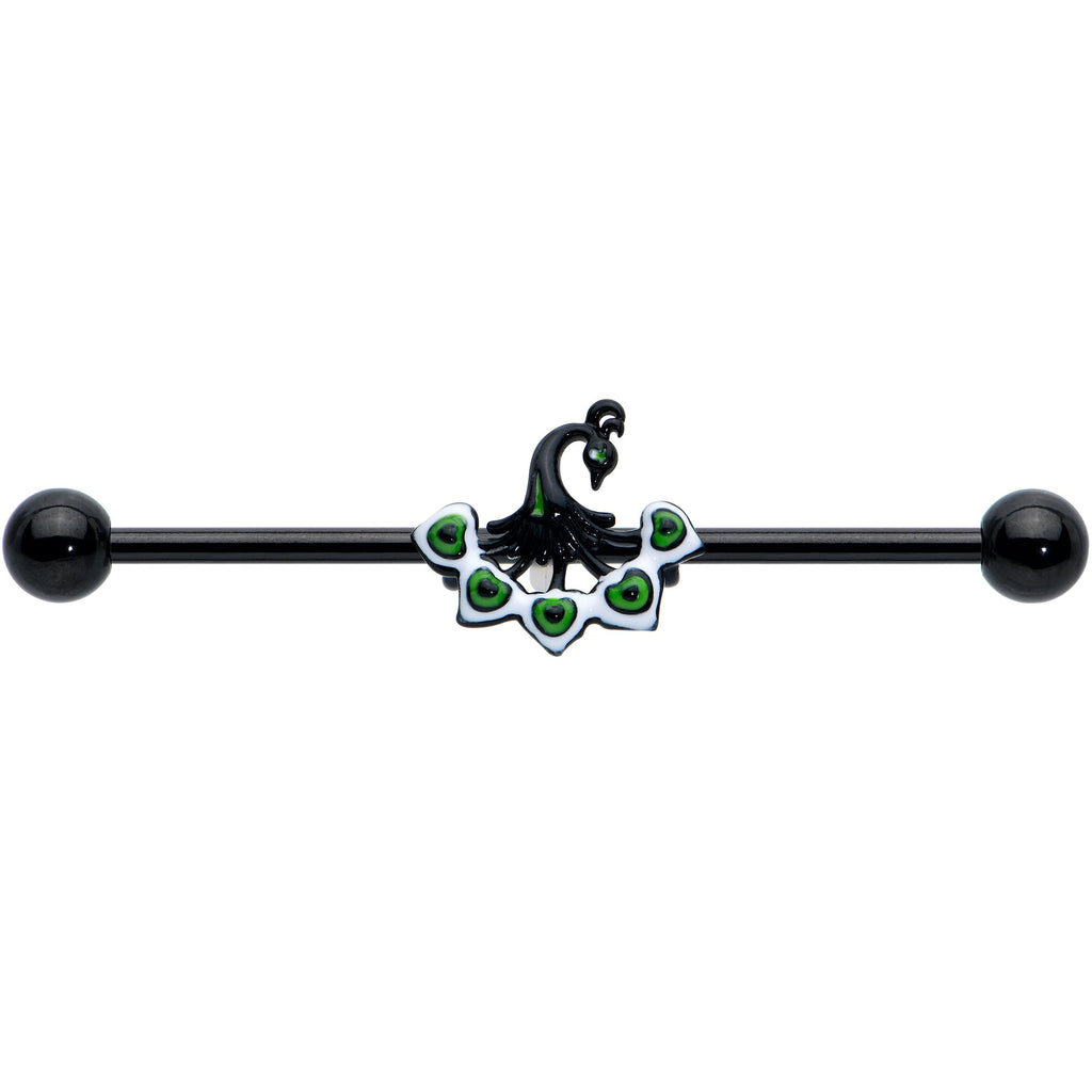 BodyCandy 14G Black Green Pretty Peacock Industrial Barbell 38mm — detail close-up