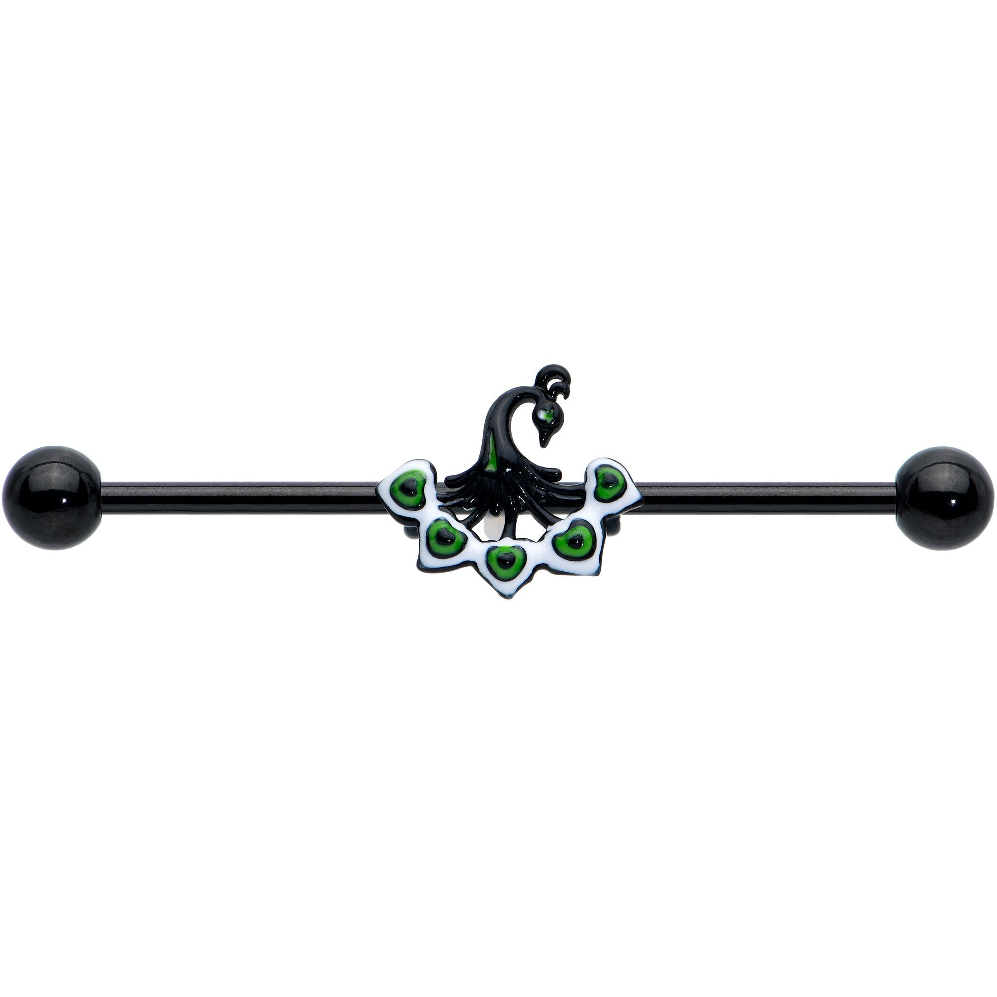 BodyCandy 14G Black Green Pretty Peacock Industrial Barbell 38mm — detail close-up