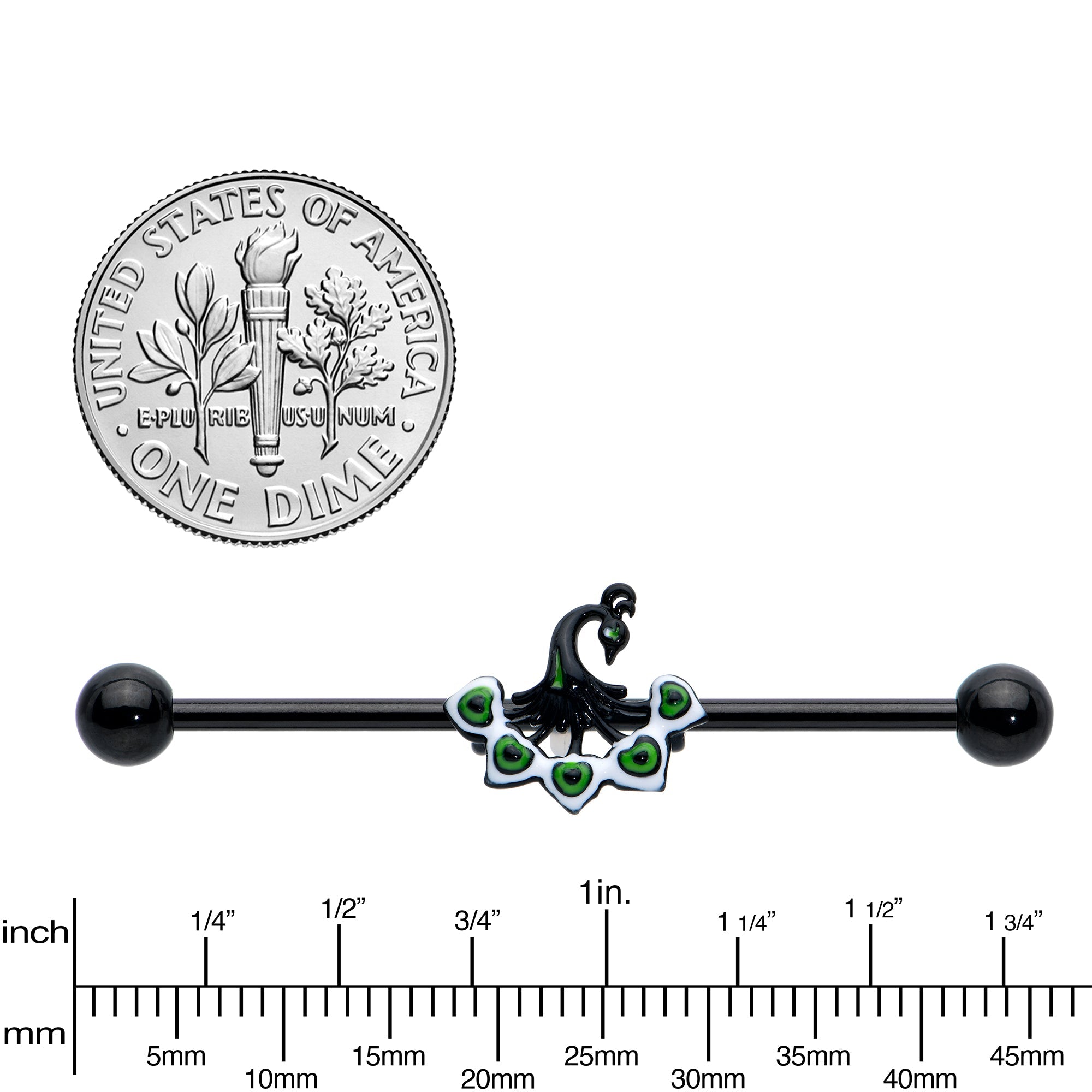 BodyCandy 14G Black Green Pretty Peacock Industrial Barbell 38mm — lifestyle context