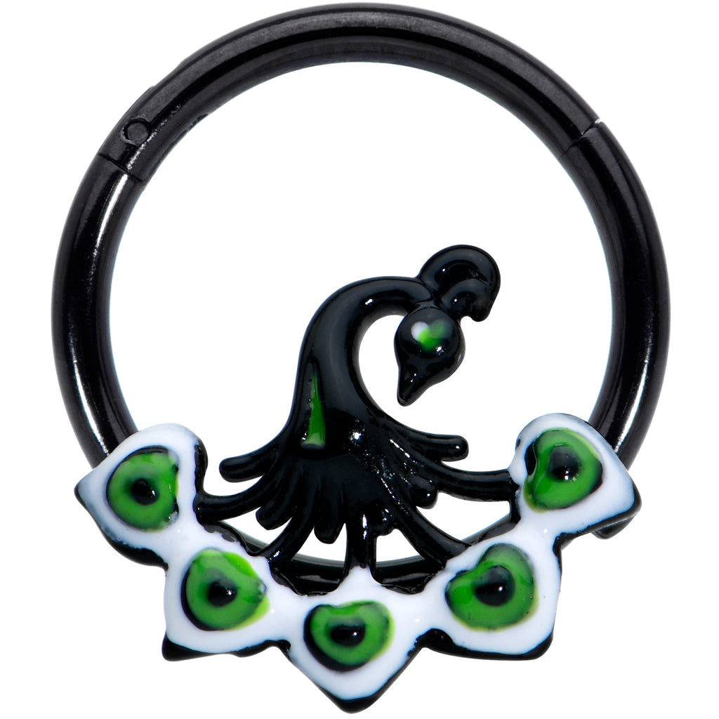 BodyCandy 16G 3/8 Black Green Perfect Peacock Hinged Segment Ring — main product shot
