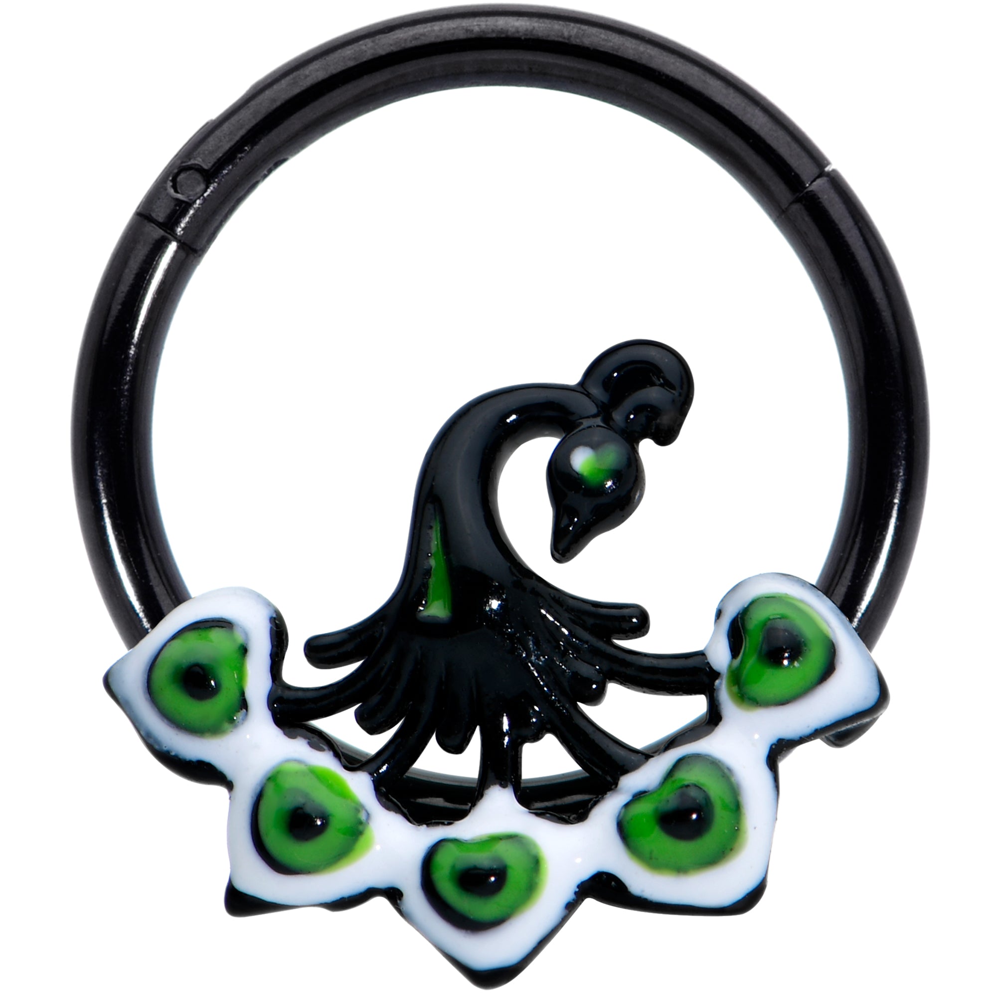 BodyCandy 16G 3/8 Black Green Perfect Peacock Hinged Segment Ring — main product shot