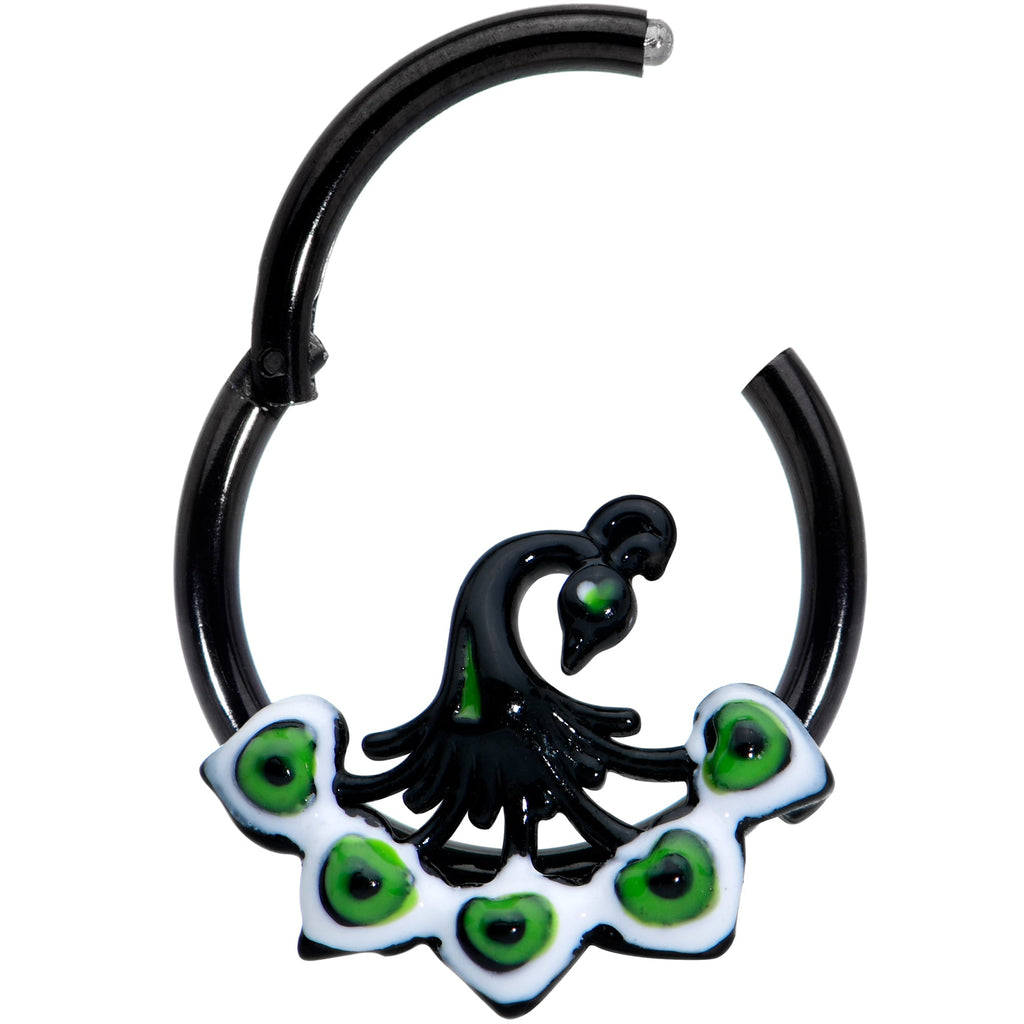 BodyCandy 16G 3/8 Black Green Perfect Peacock Hinged Segment Ring — detail close-up