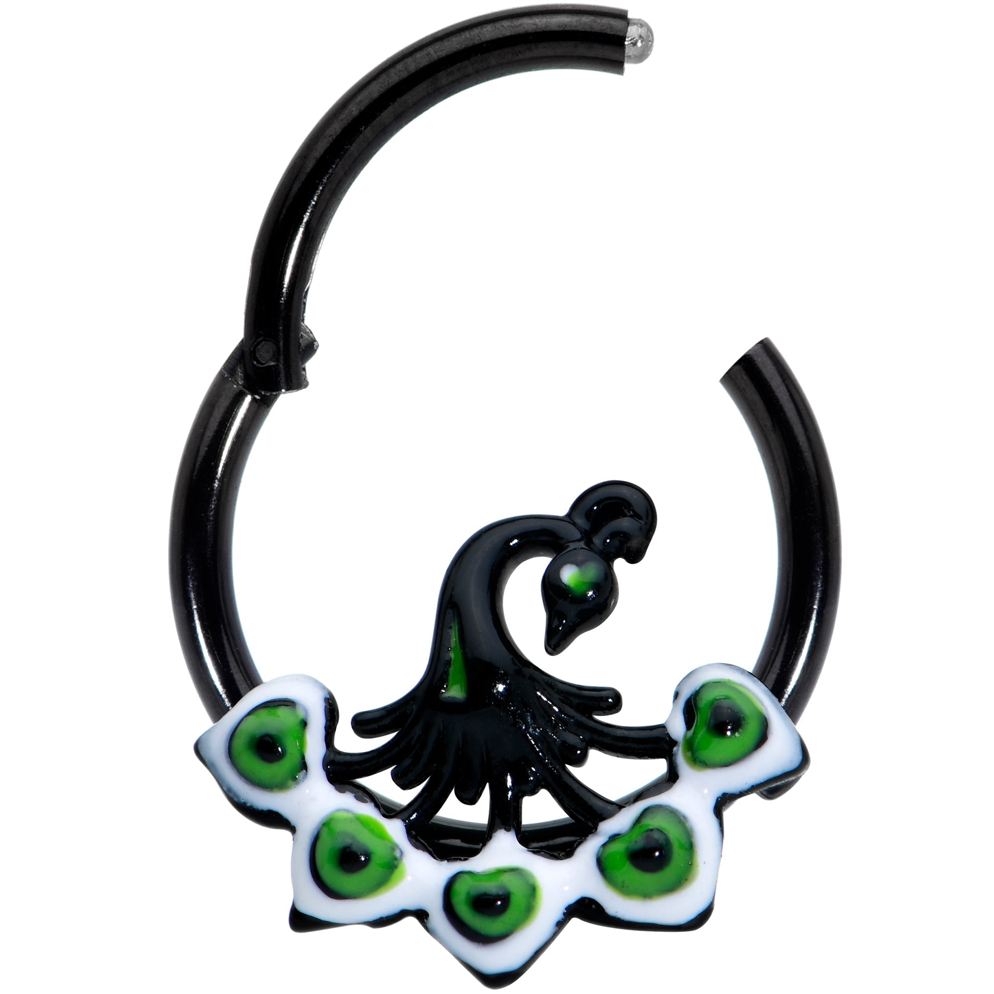 BodyCandy 16G 3/8 Black Green Perfect Peacock Hinged Segment Ring — detail close-up