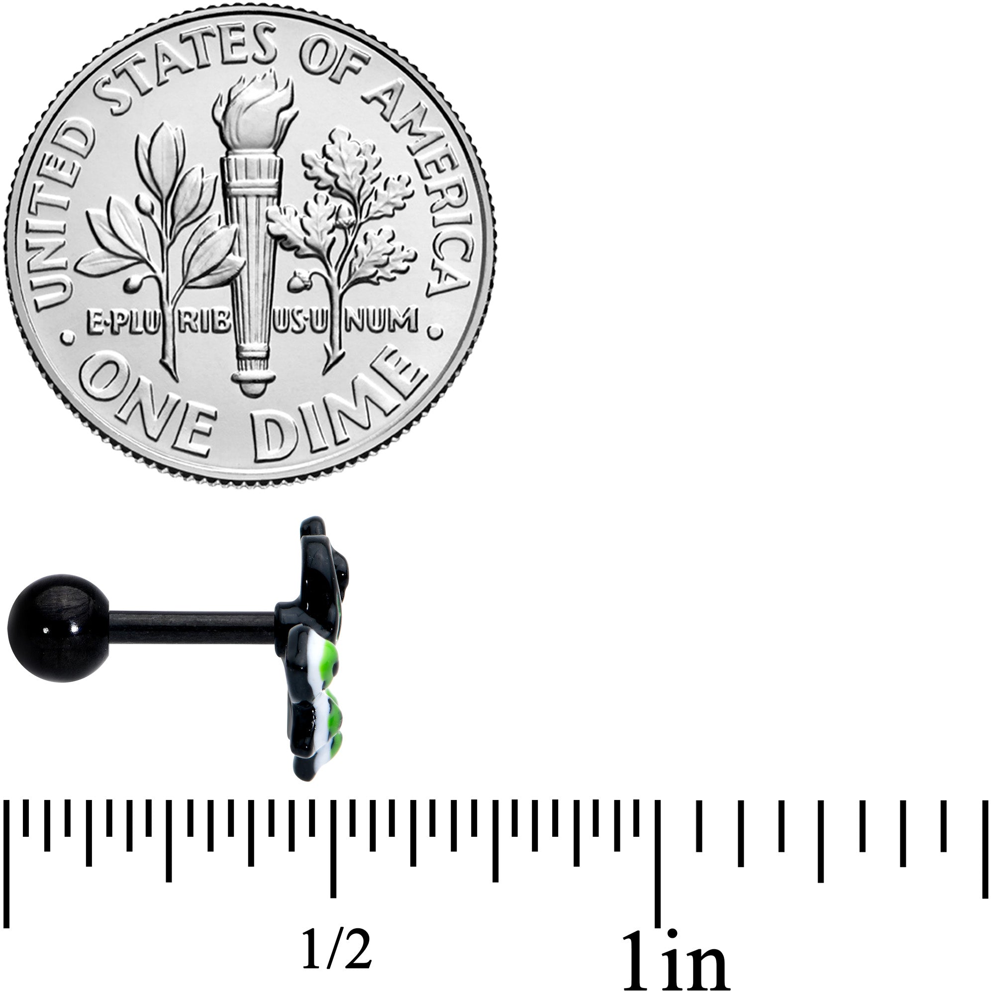 BodyCandy 16G 1/4 Black Green Perfect Peacock Cartilage Tragus Earring — side view
