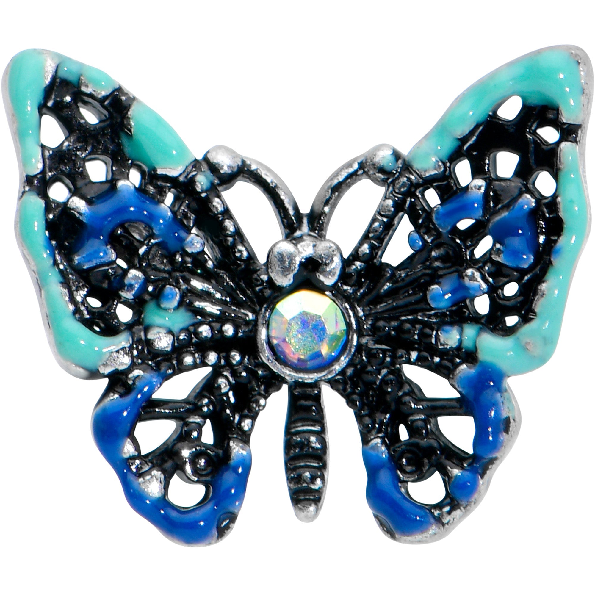 BodyCandy 16G 1/4 Aurora Gem Colorful Glam Butterfly Cartilage Tragus — detail close-up