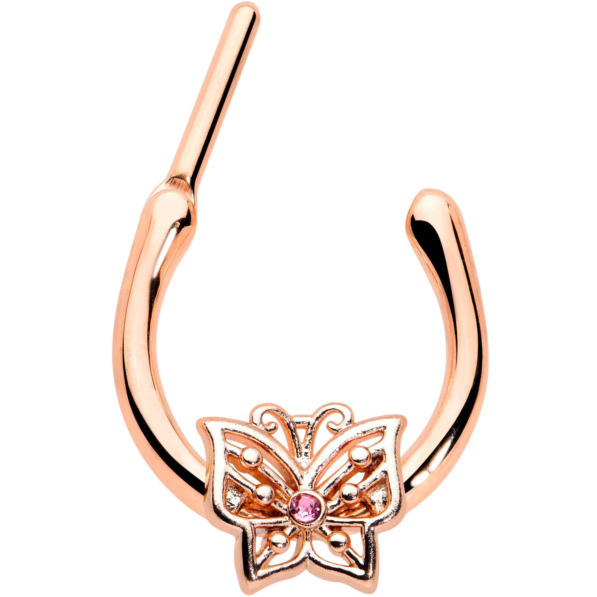 BodyCandy 16G 5/16 Pink CZ Gem Rose Gold Tone Butterfly Cartilage Clicker — detail close-up