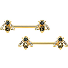 14G 9/16 Clear Black Gem Gold Tone Angular Bee Nipple Ring Set