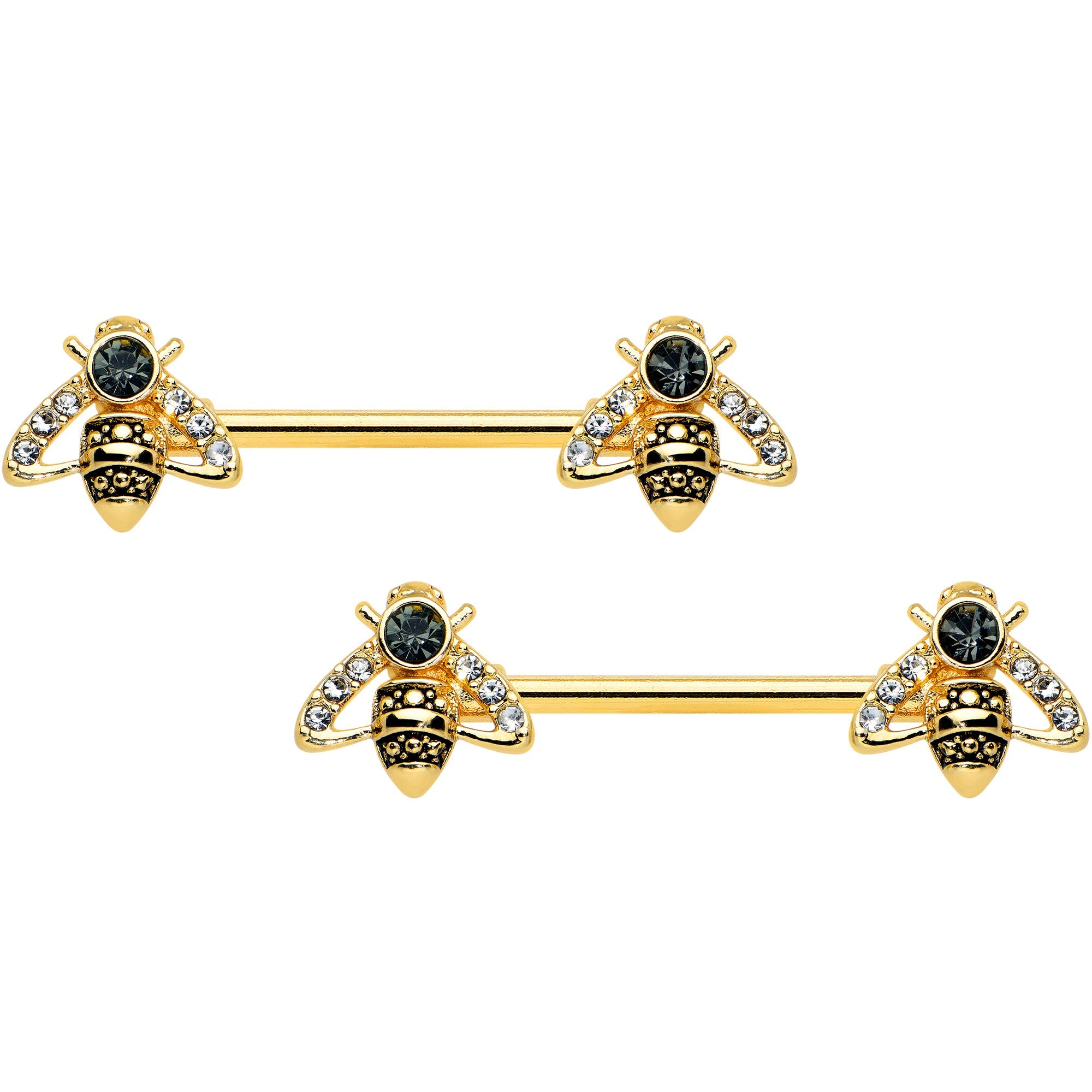 BodyCandy 14G 9/16 Clear Black Gem Gold Tone Angular Bee Nipple Ring Set — main product shot