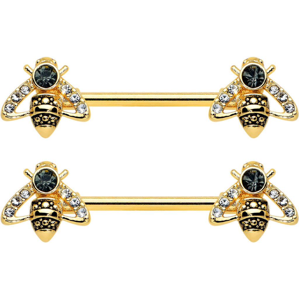 BodyCandy 14G 9/16 Clear Black Gem Gold Tone Angular Bee Nipple Ring Set — detail close-up