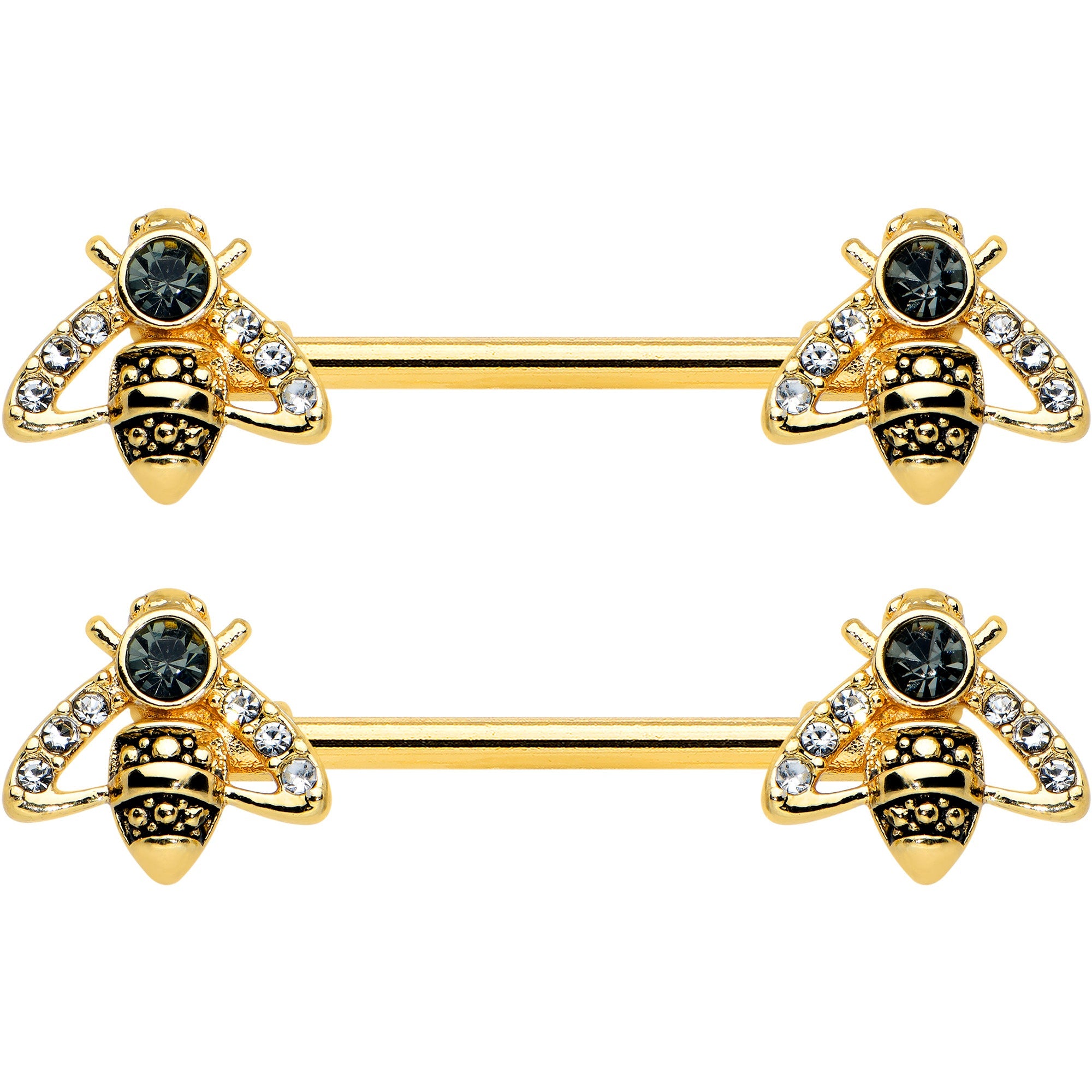 BodyCandy 14G 9/16 Clear Black Gem Gold Tone Angular Bee Nipple Ring Set — detail close-up