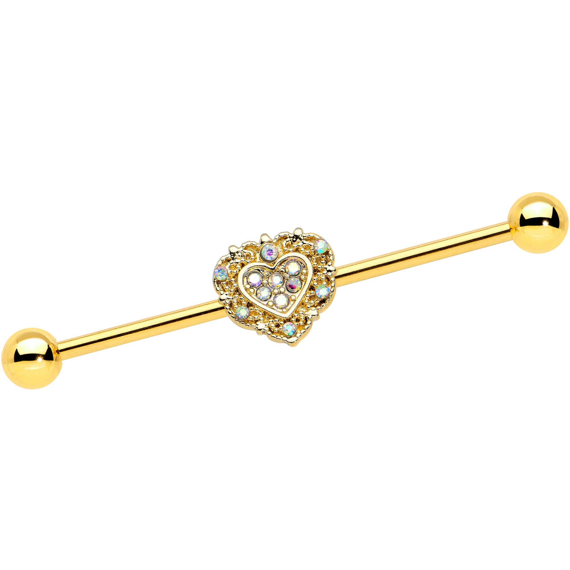 BodyCandy 14G Aurora Gem Gold Tone Baroque Heart Industrial Barbell 38mm — main product shot