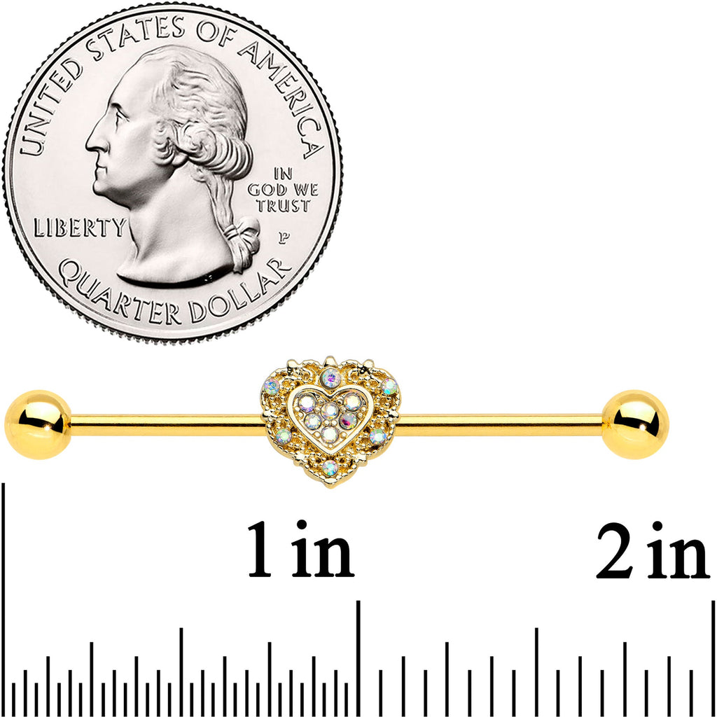BodyCandy 14G Aurora Gem Gold Tone Baroque Heart Industrial Barbell 38mm — detail close-up