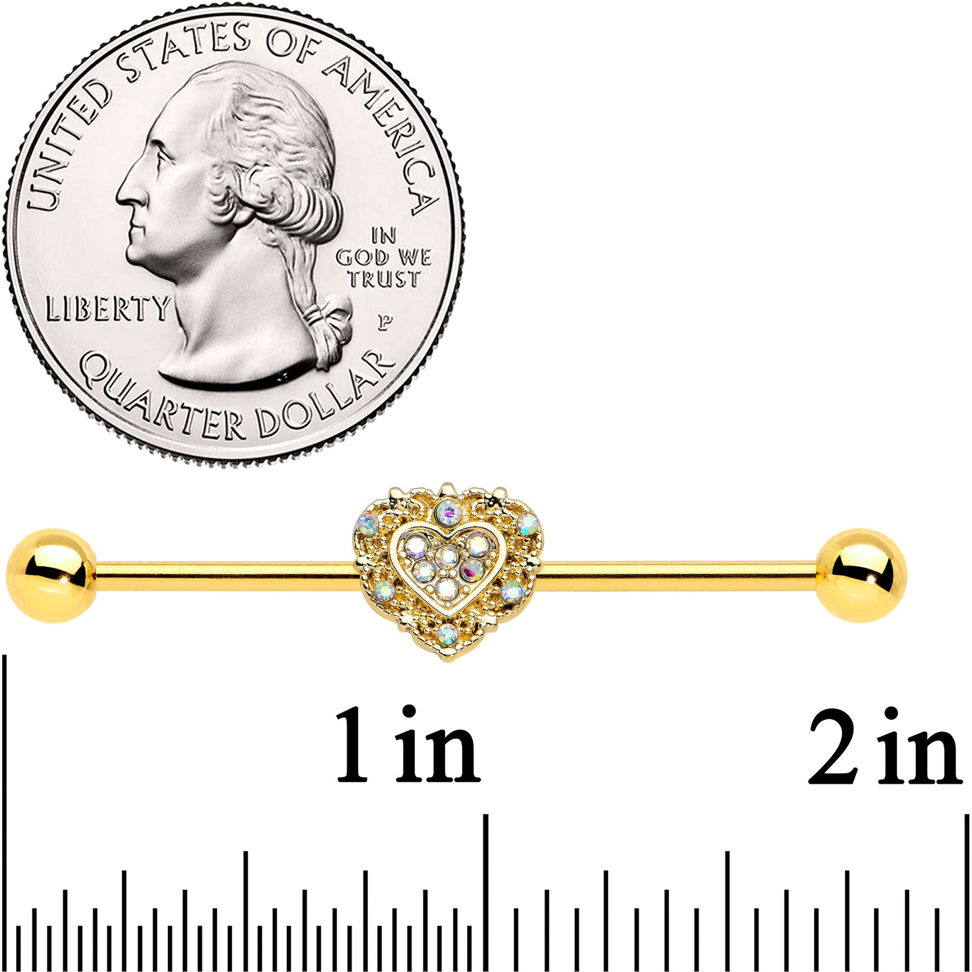 BodyCandy 14G Aurora Gem Gold Tone Baroque Heart Industrial Barbell 38mm — detail close-up