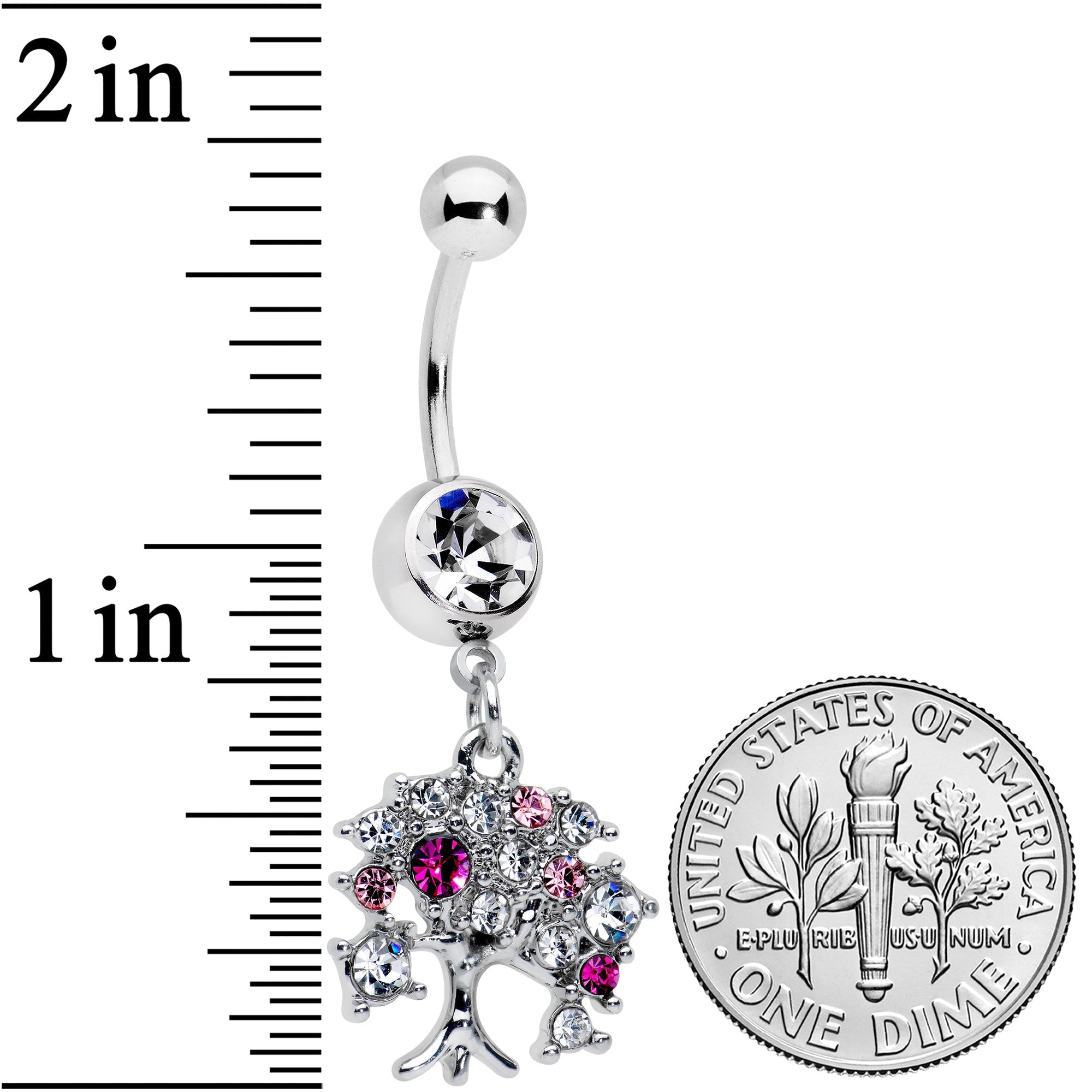 BodyCandy Clear Pink Gem Luscious Fruit Tree Dangle Belly Ring — detail close-up