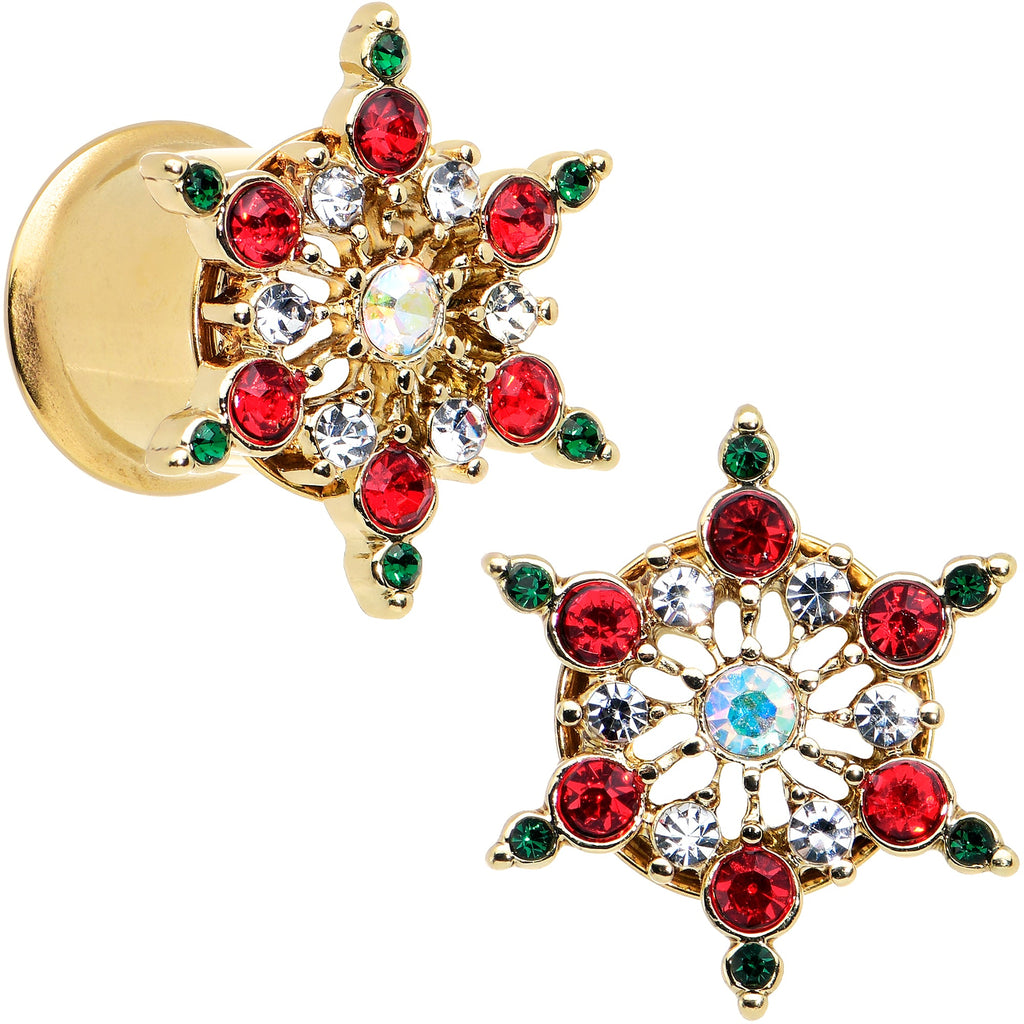 BodyCandy Red Green Gem Gold Tone Bright Christmas Double Flare Plug Set — in-use photo