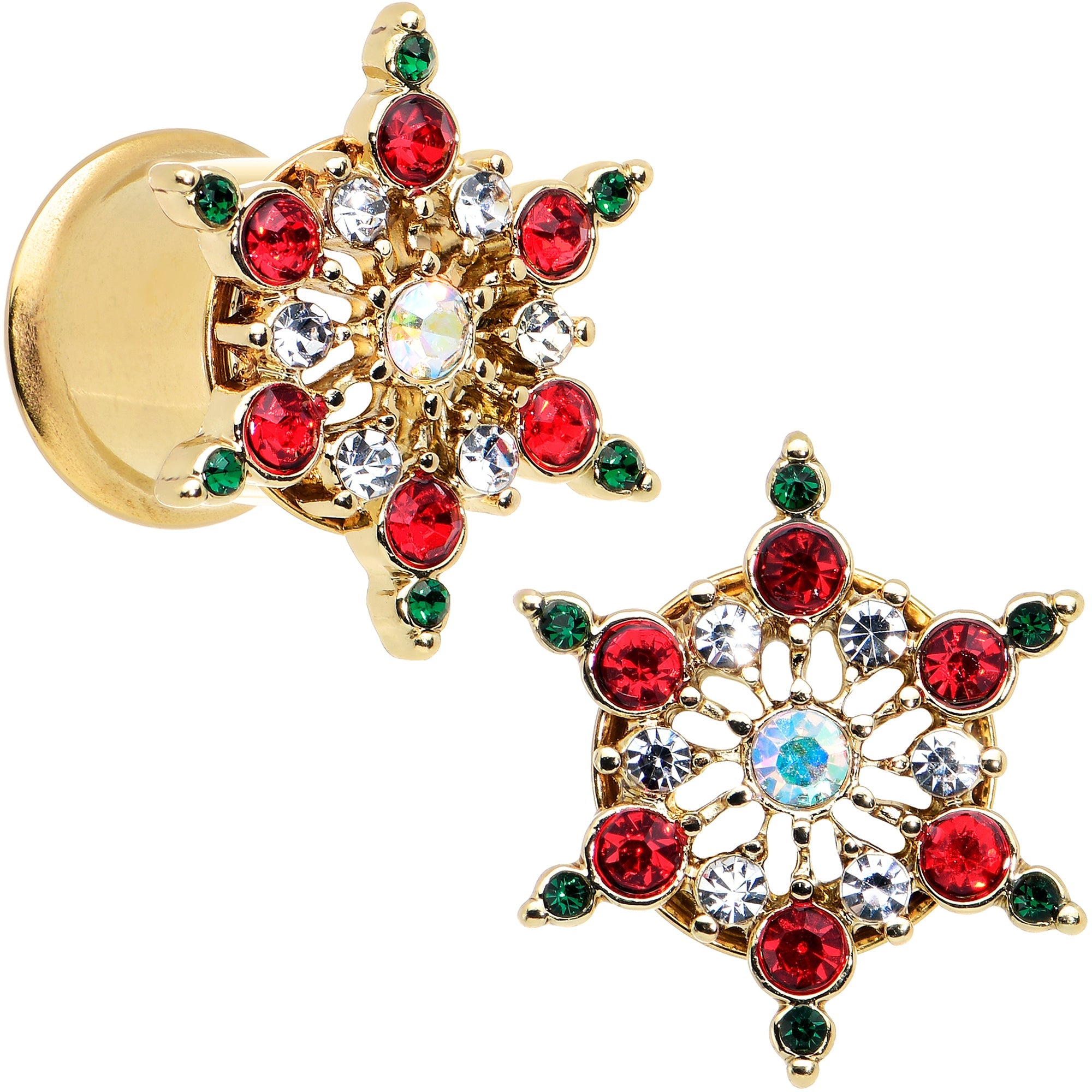 BodyCandy Red Green Gem Gold Tone Bright Christmas Double Flare Plug Set — in-use photo