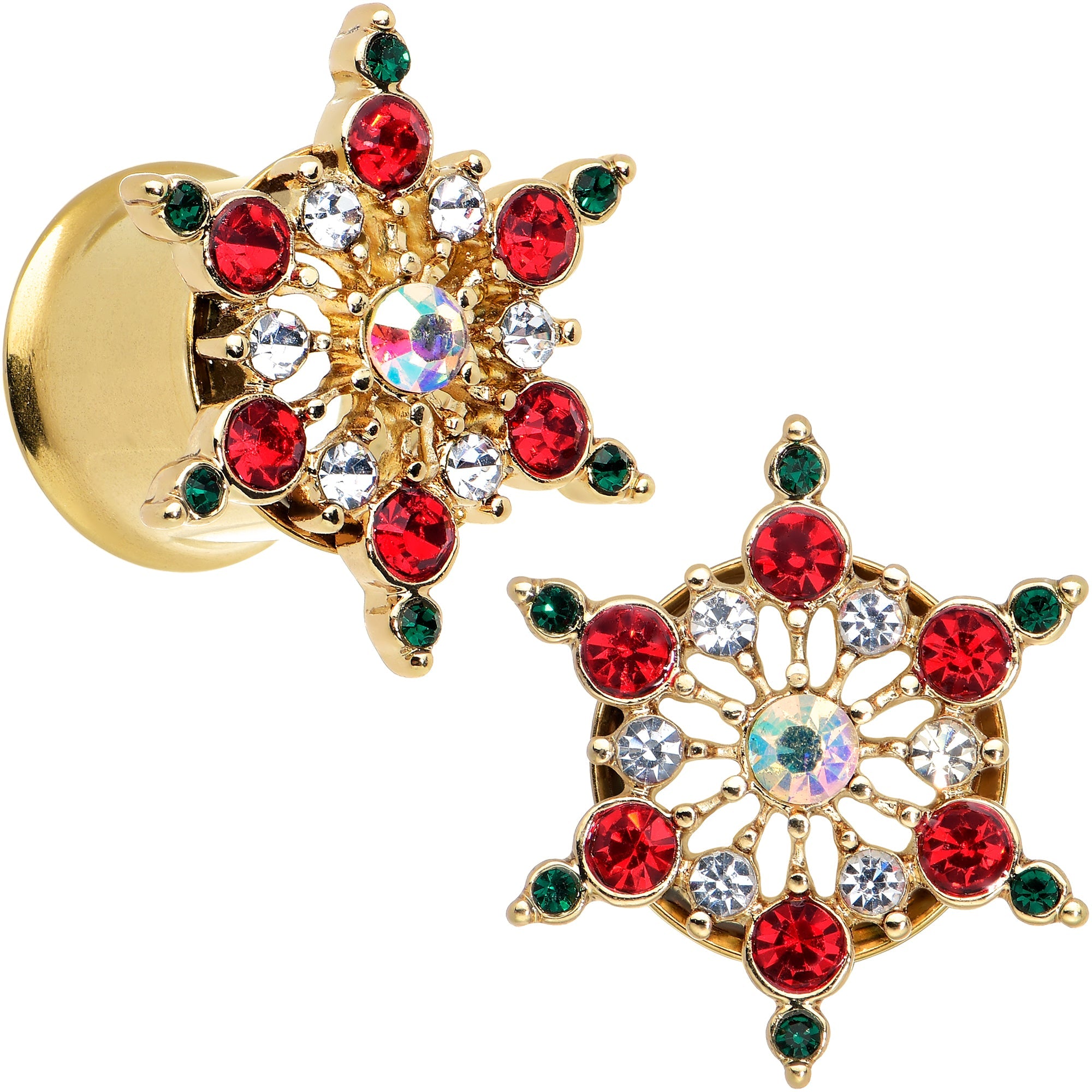 BodyCandy Red Green Gem Gold Tone Bright Christmas Double Flare Plug Set — size reference