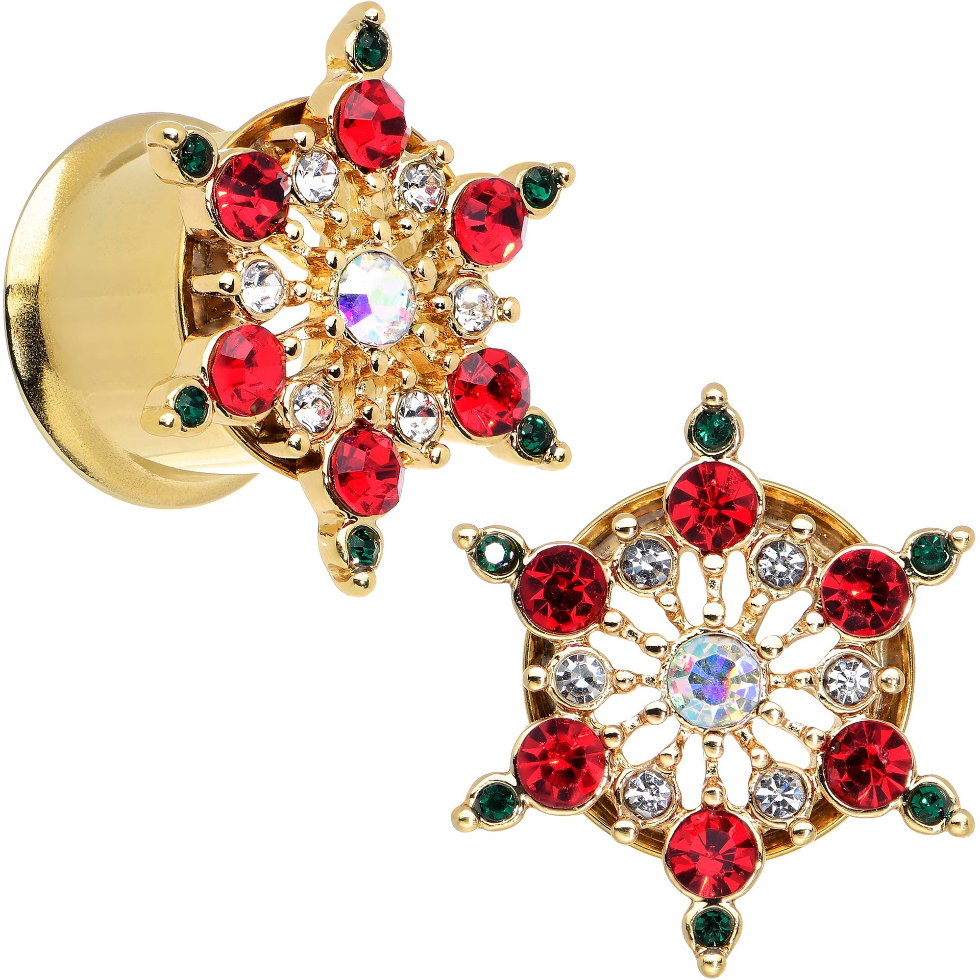 BodyCandy Red Green Gem Gold Tone Bright Christmas Double Flare Plug Set — color detail