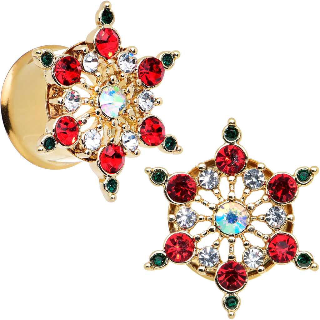 BodyCandy Red Green Gem Gold Tone Bright Christmas Double Flare Plug Set — packaging