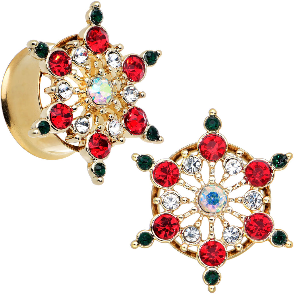 BodyCandy Red Green Gem Gold Tone Bright Christmas Double Flare Plug Set — comparison shot