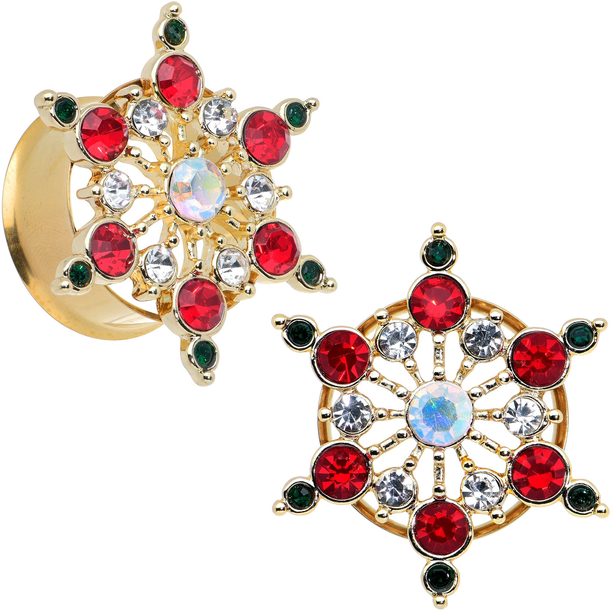 BodyCandy Red Green Gem Gold Tone Bright Christmas Double Flare Plug Set — fabric or material detail