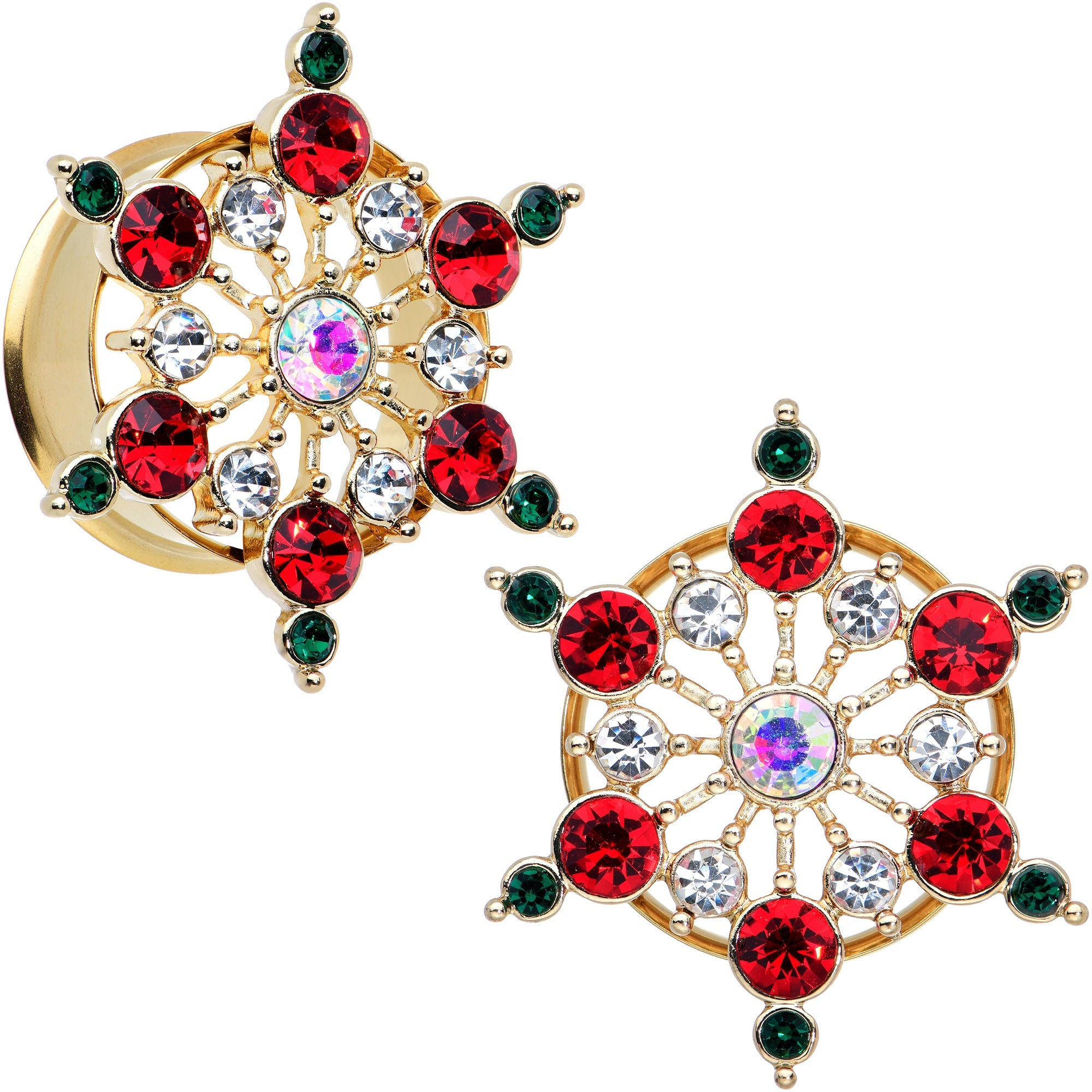 BodyCandy Red Green Gem Gold Tone Bright Christmas Double Flare Plug Set — feature highlight