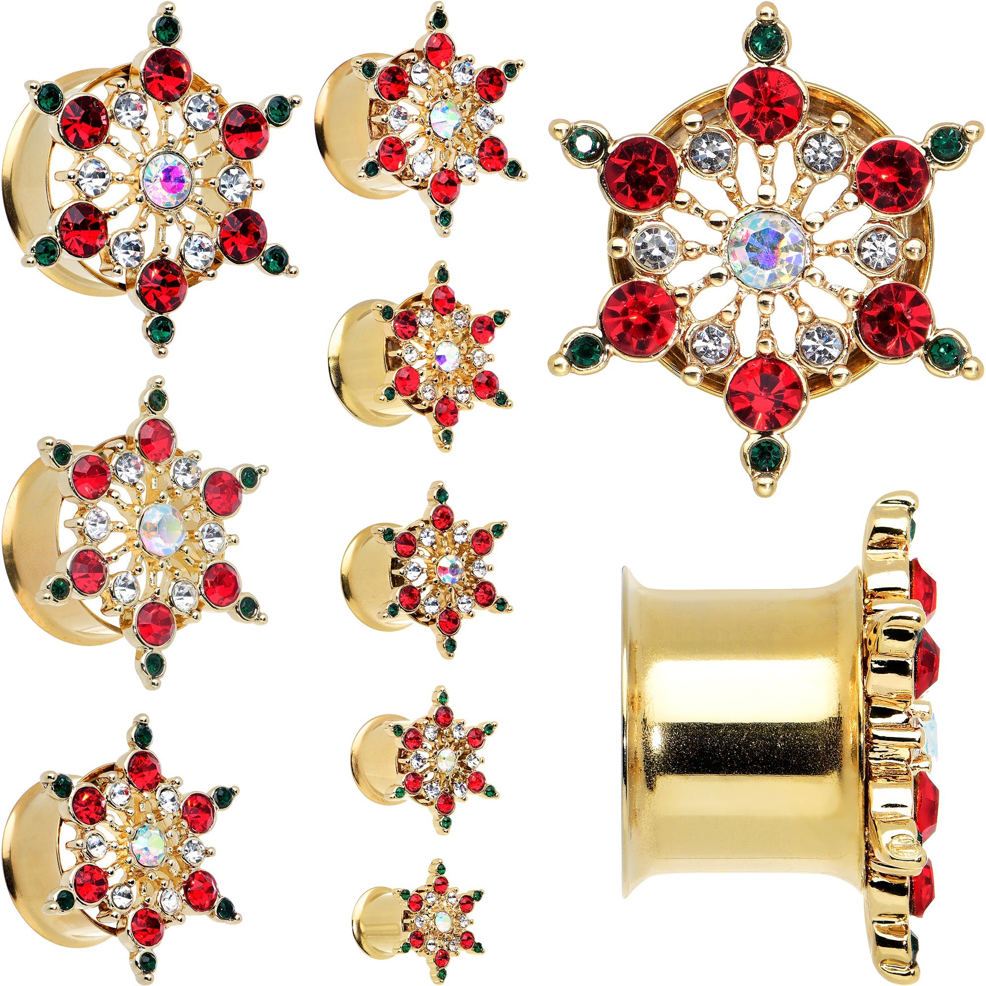 BodyCandy Red Green Gem Gold Tone Bright Christmas Double Flare Plug Set — main product shot