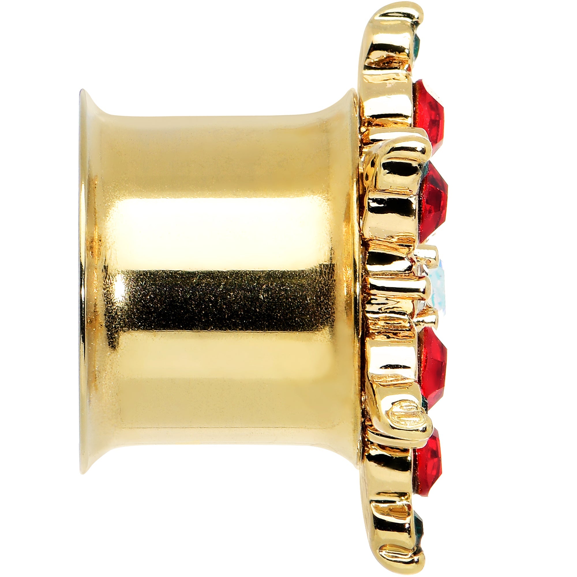 BodyCandy Red Green Gem Gold Tone Bright Christmas Double Flare Plug Set — side view