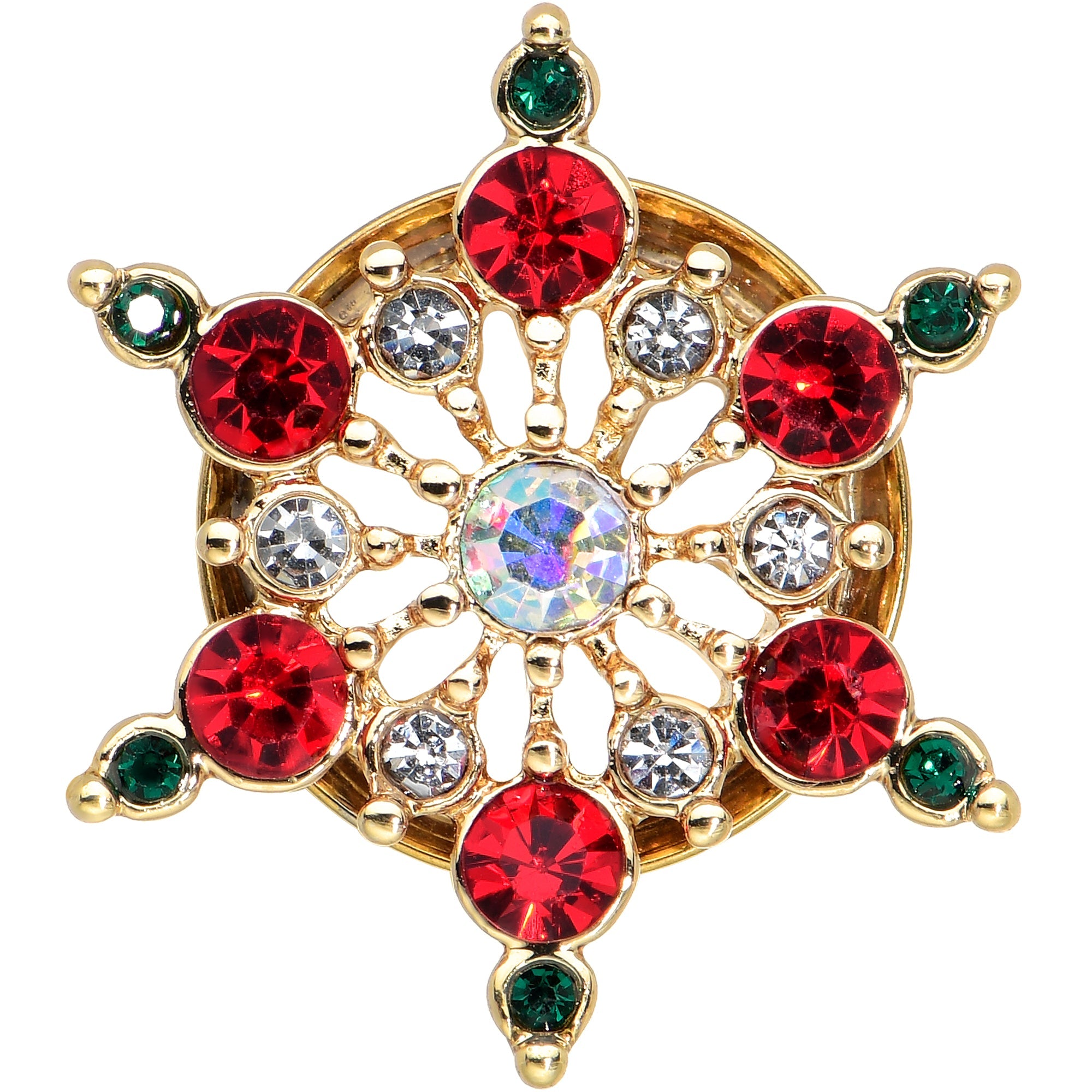 BodyCandy Red Green Gem Gold Tone Bright Christmas Double Flare Plug Set — back view