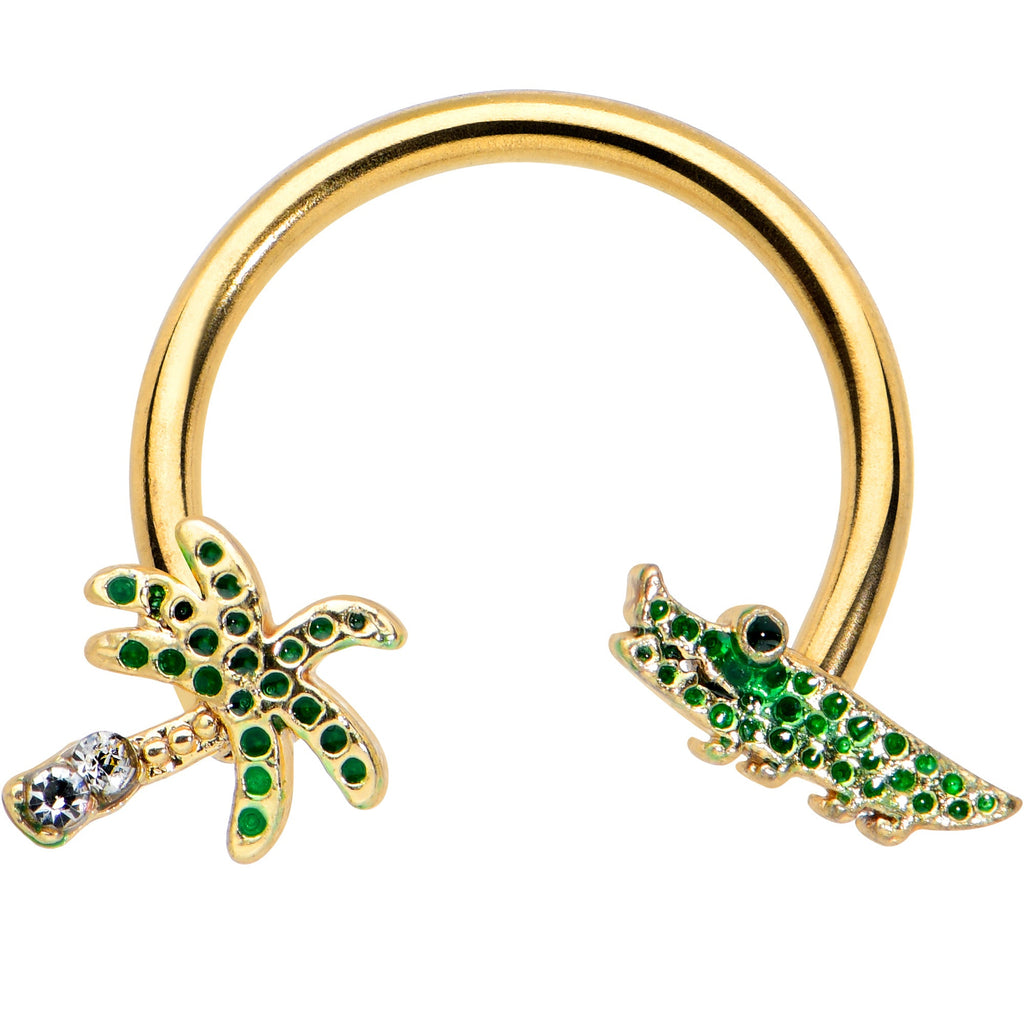 BodyCandy 16G 3/8 Gold Tone Green Gator Palm Tree Horseshoe Curved Barbell — main product shot