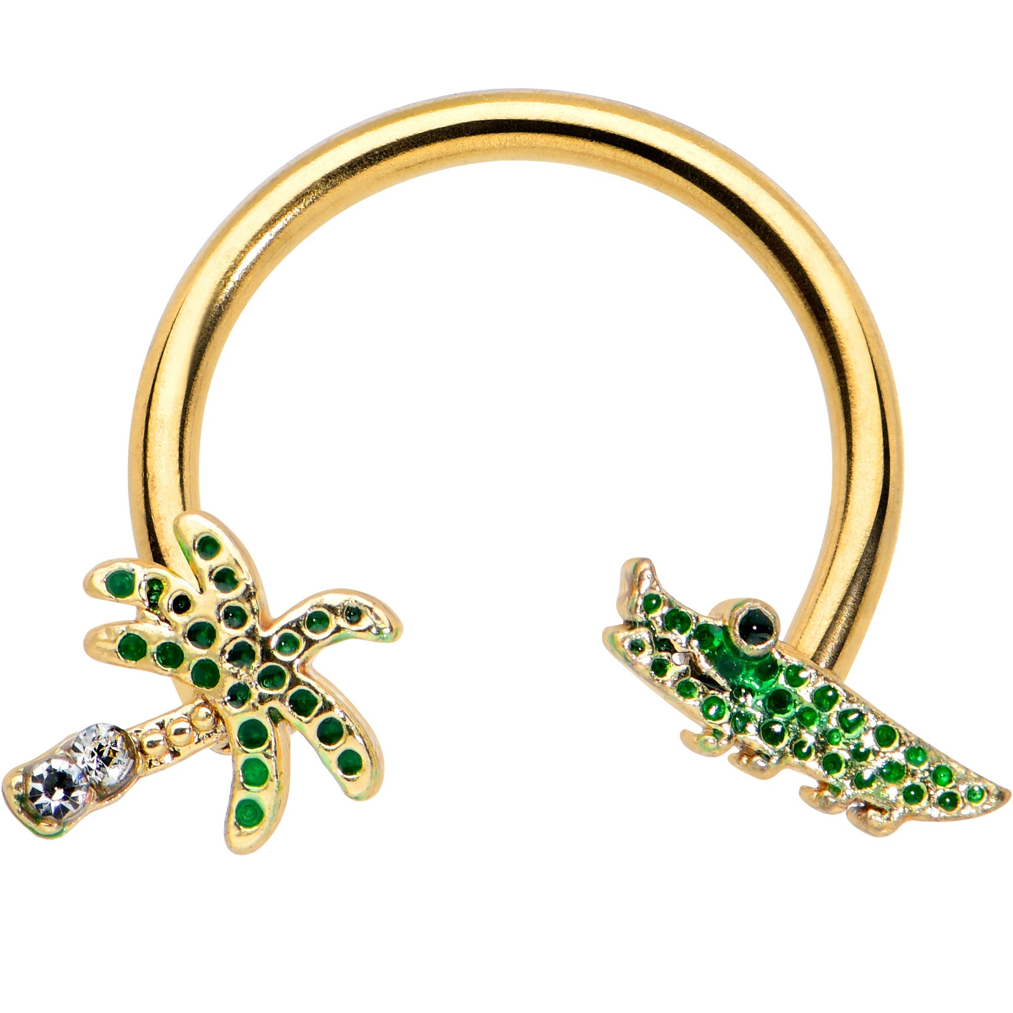 BodyCandy 16G 3/8 Gold Tone Green Gator Palm Tree Horseshoe Curved Barbell — main product shot