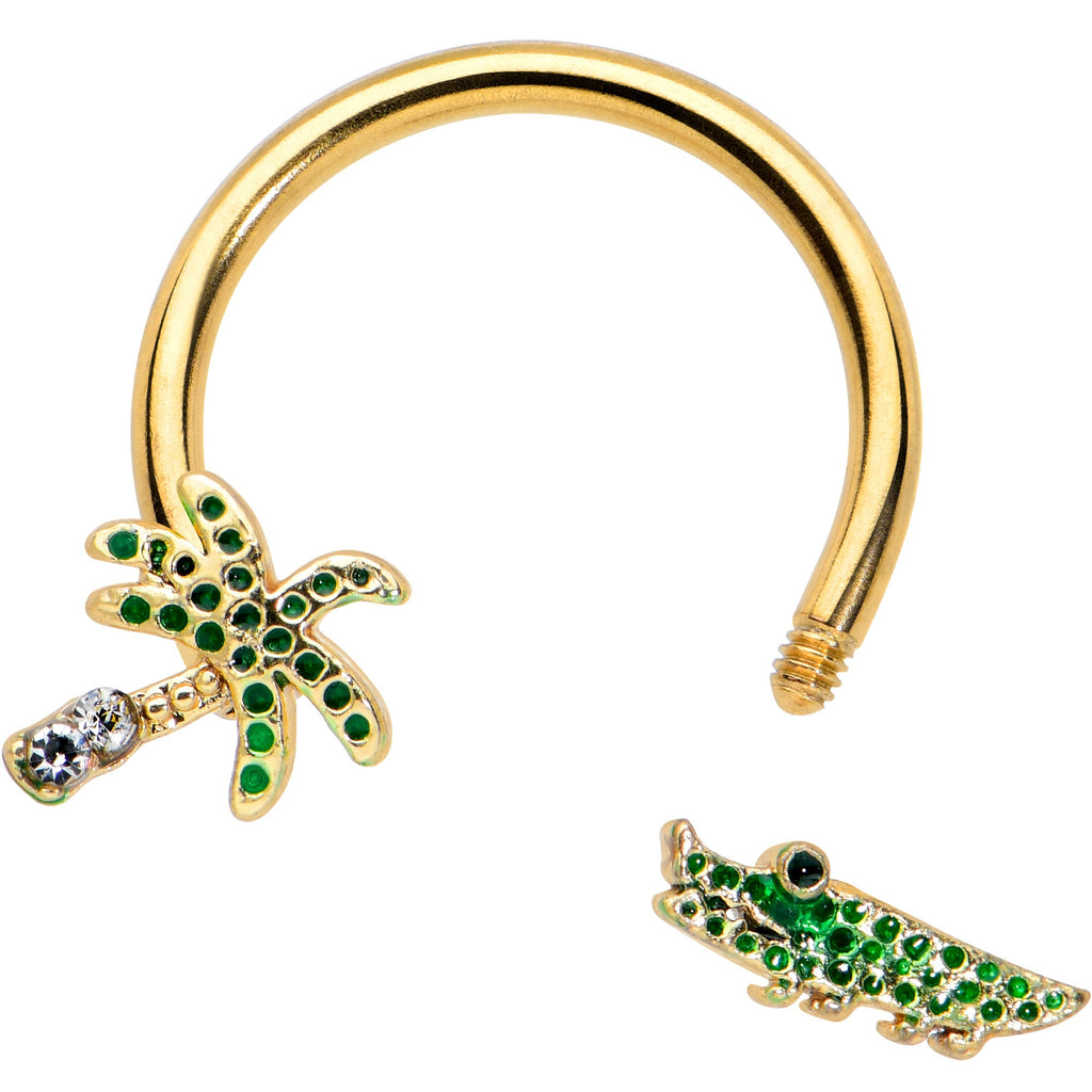 BodyCandy 16G 3/8 Gold Tone Green Gator Palm Tree Horseshoe Curved Barbell — detail close-up