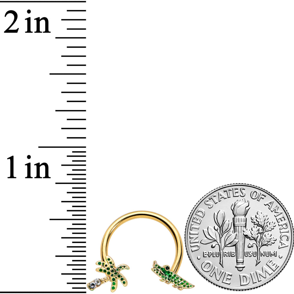 BodyCandy 16G 3/8 Gold Tone Green Gator Palm Tree Horseshoe Curved Barbell — lifestyle context