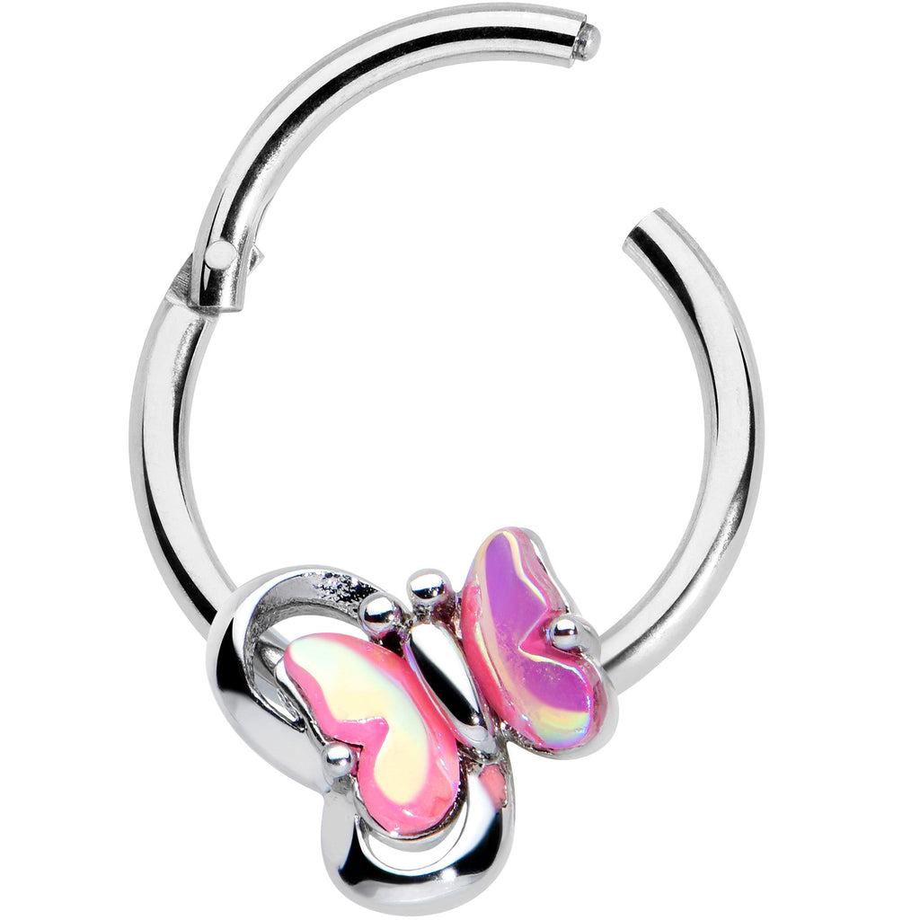 BodyCandy 16G 3/8 Heart Pink Butterfly Hinged Segment Ring — detail close-up