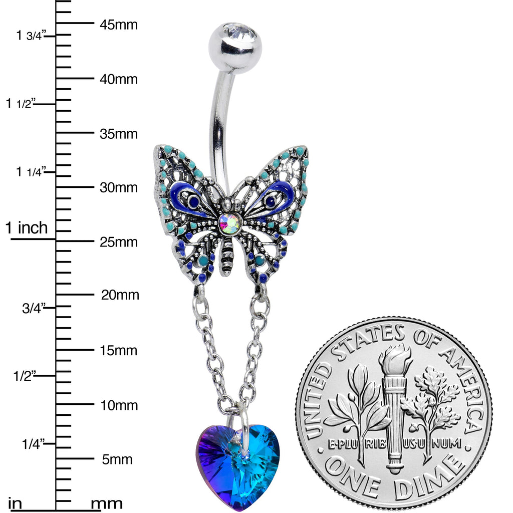 BodyCandy Blue Gem Heart Colorful Butterfly Chain Dangle Belly Ring — detail close-up