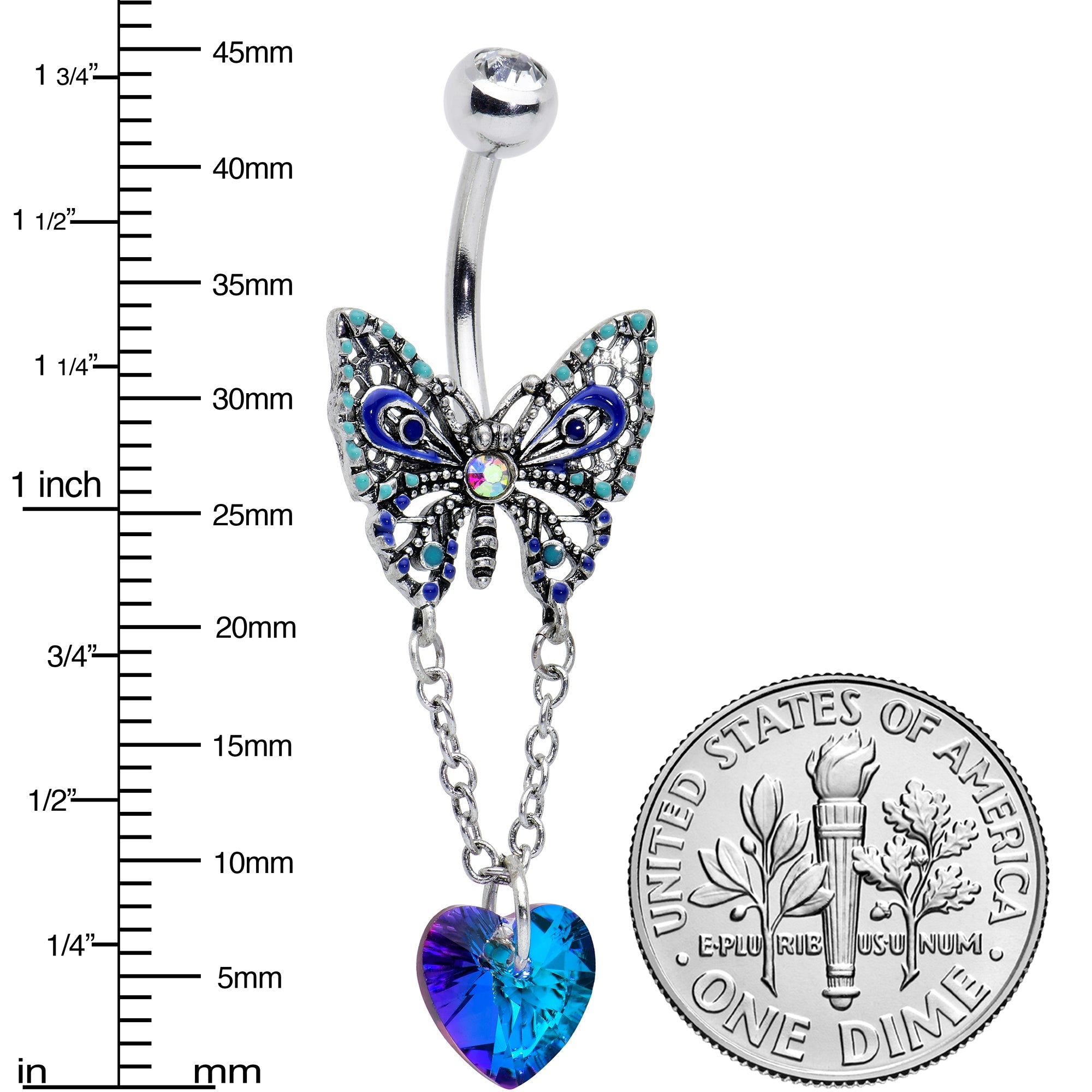 BodyCandy Blue Gem Heart Colorful Butterfly Chain Dangle Belly Ring — detail close-up