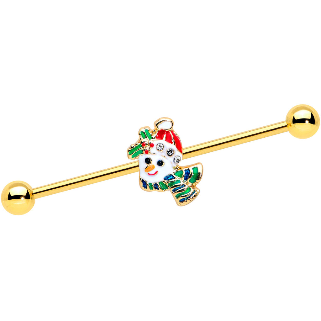 BodyCandy 14G Clear Gem Gold Tone Snowman Christmas Industrial Barbell 38mm — main product shot