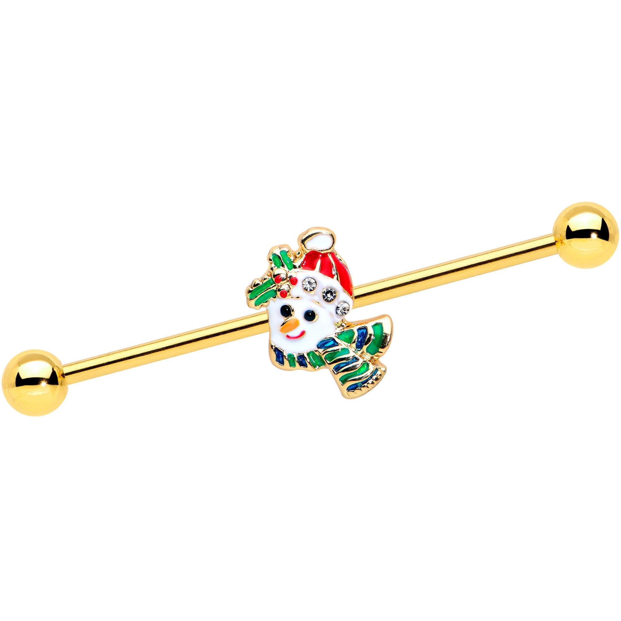 BodyCandy 14G Clear Gem Gold Tone Snowman Christmas Industrial Barbell 38mm — main product shot