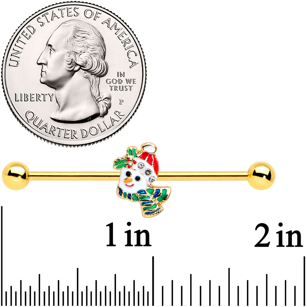 BodyCandy 14G Clear Gem Gold Tone Snowman Christmas Industrial Barbell 38mm — detail close-up