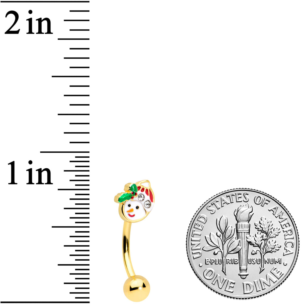 BodyCandy 16G 5/16 Clear Gem Gold Tone Happy Snowman Curved Eyebrow Ring — detail close-up