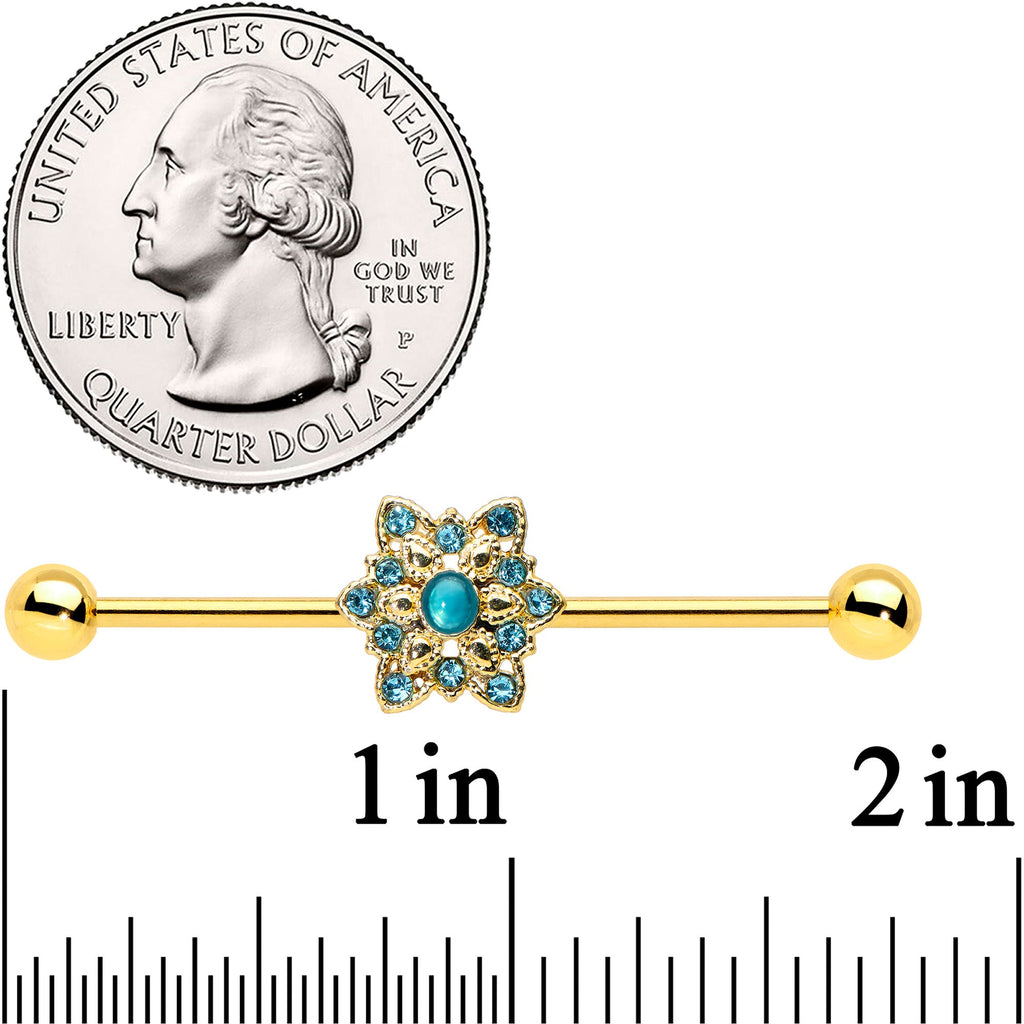 BodyCandy 14G Blue Gem Gold Hue Snowflake Christmas Industrial Barbell 38mm — detail close-up