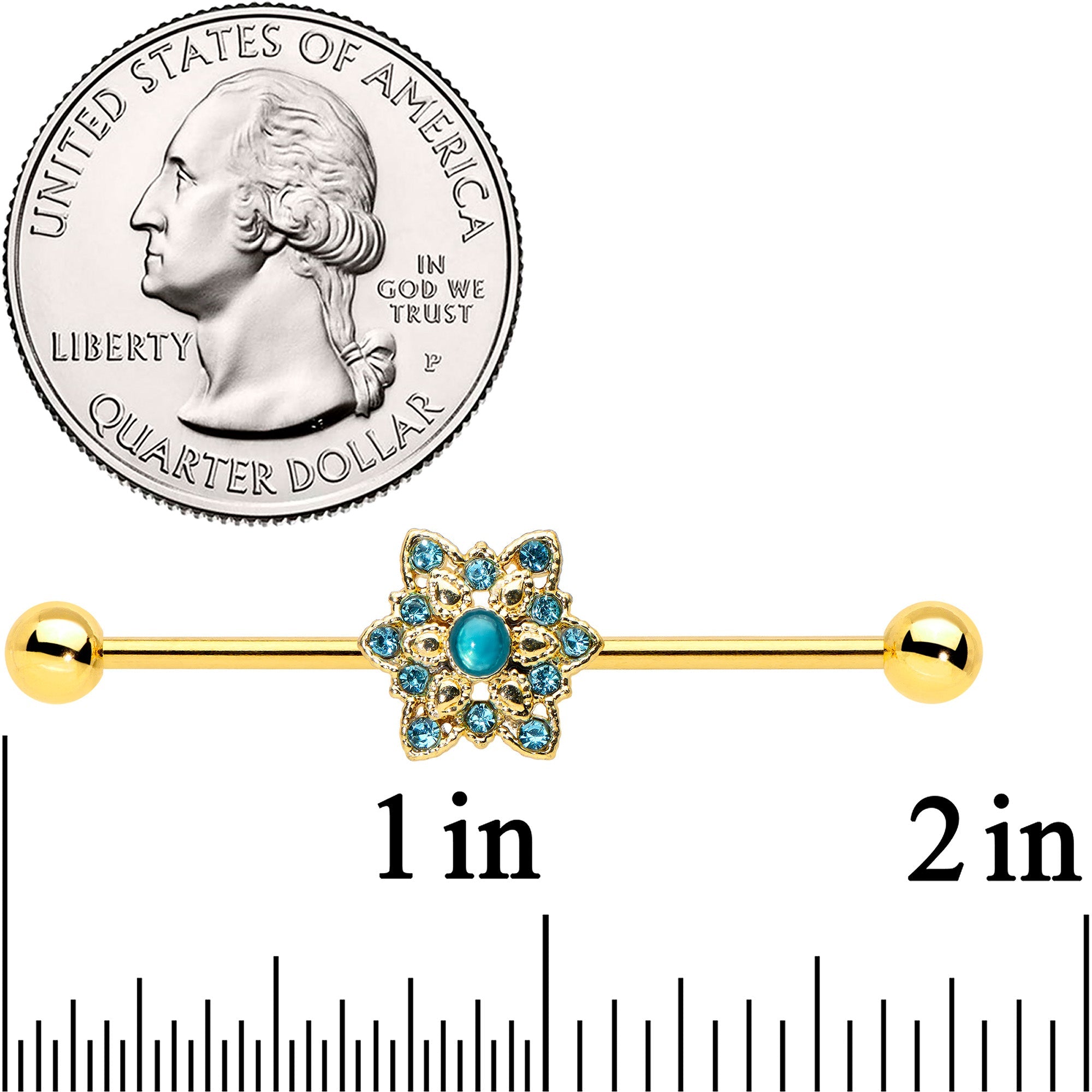 BodyCandy 14G Blue Gem Gold Hue Snowflake Christmas Industrial Barbell 38mm — detail close-up