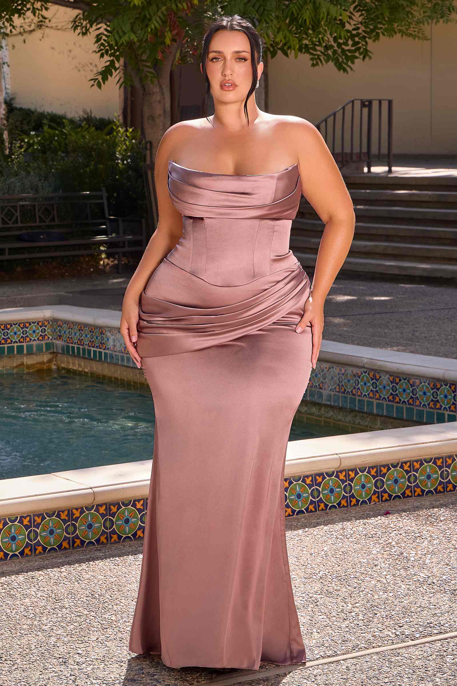 Ladivine 7439 Luxe Satin Strapless Two Piece Fitted Gown