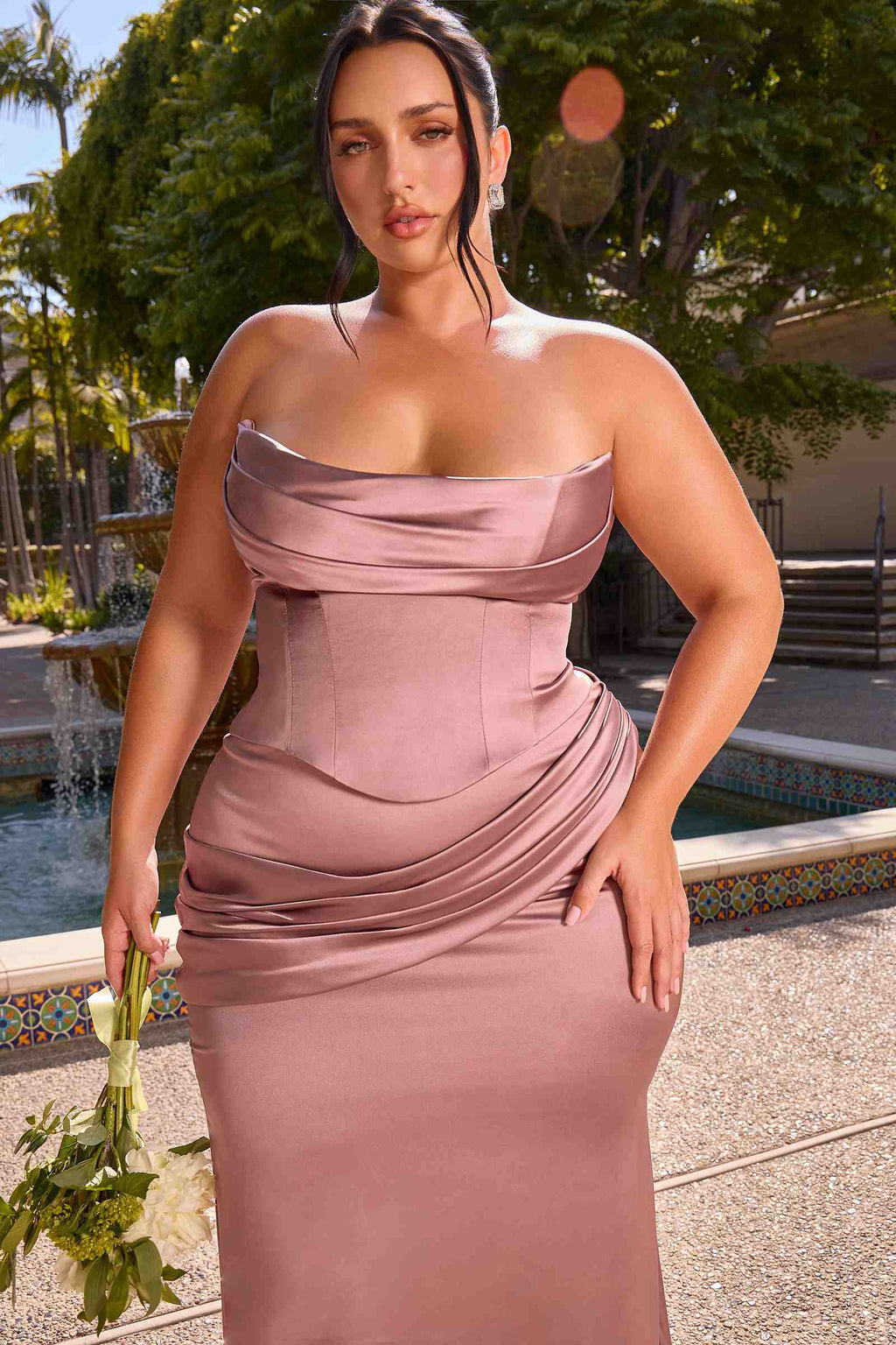 Ladivine 7439 Luxe Satin Strapless Two Piece Fitted Gown