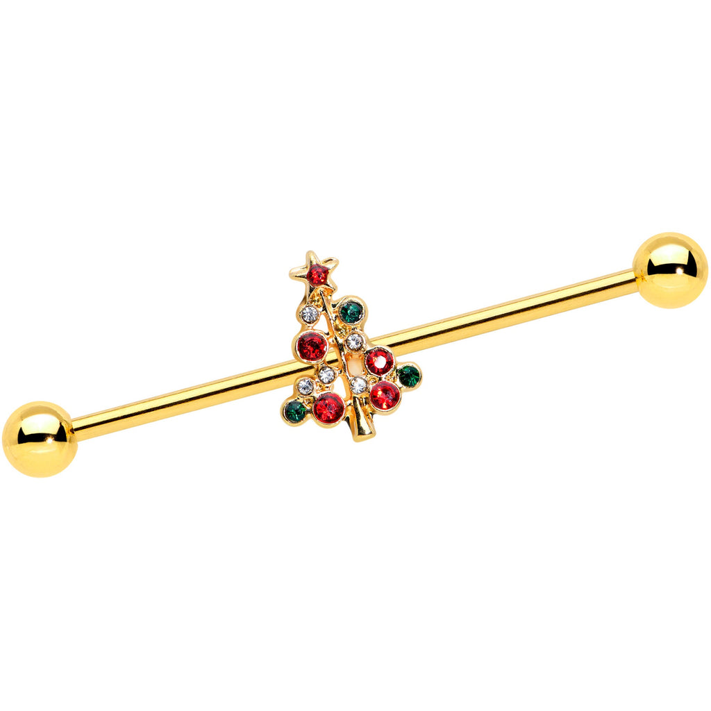 BodyCandy 14G Red Gem Gold Tone Christmas Tree Industrial Barbell 38mm — main product shot