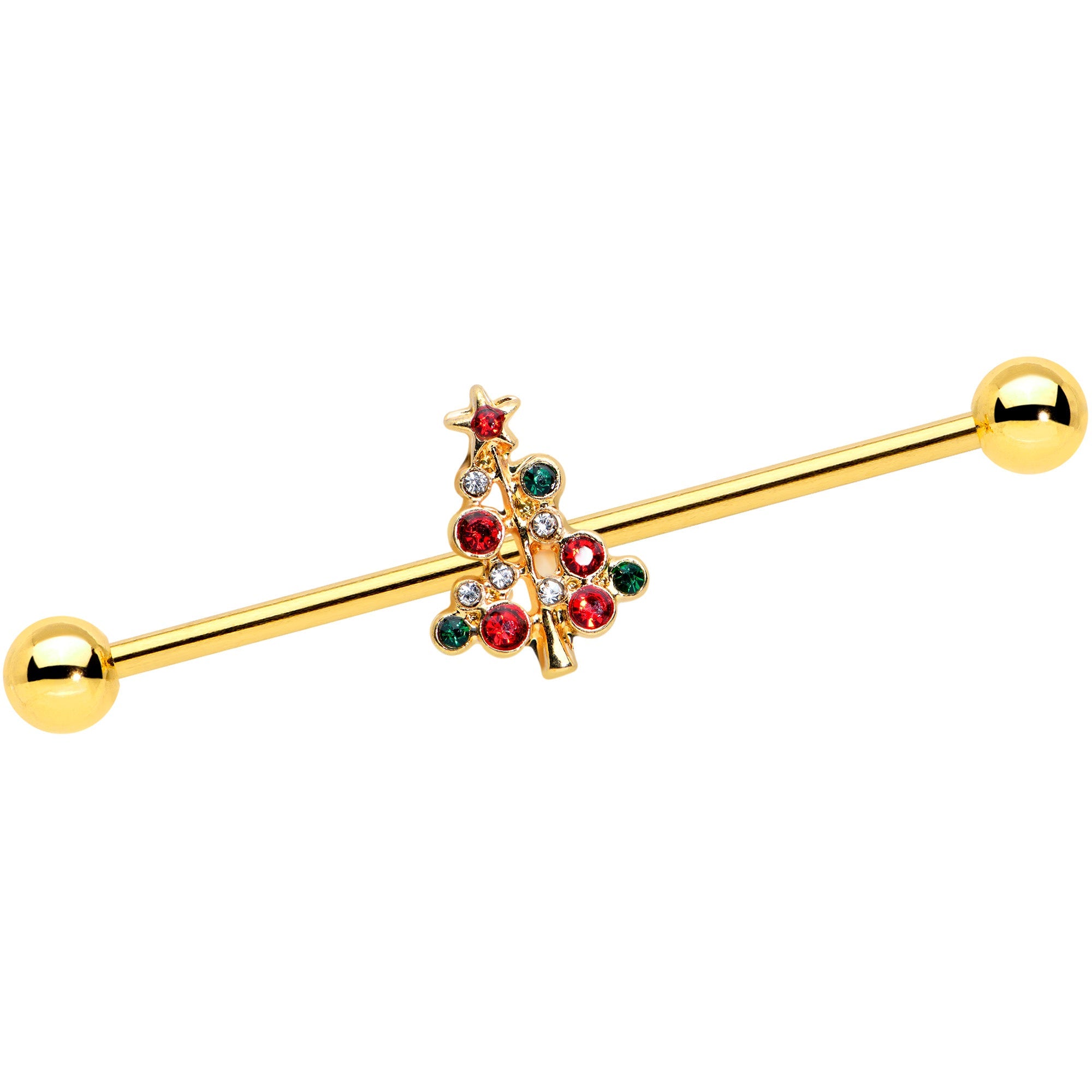 BodyCandy 14G Red Gem Gold Tone Christmas Tree Industrial Barbell 38mm — main product shot